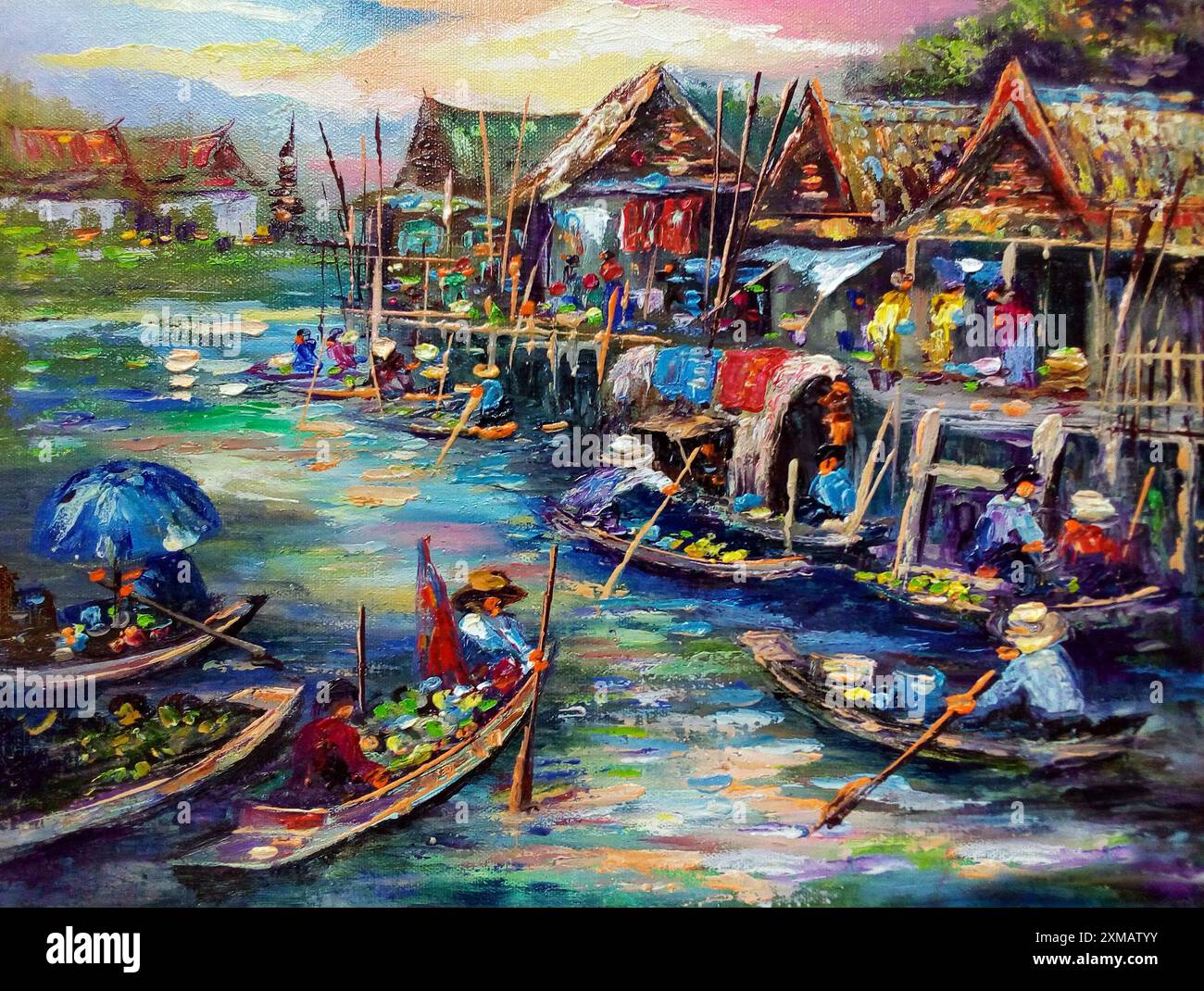 Hand gezeichnete Kunst Gemälde Ölfarbe schwimmende Markt Dumnoen saduak aus thailand Stockfoto