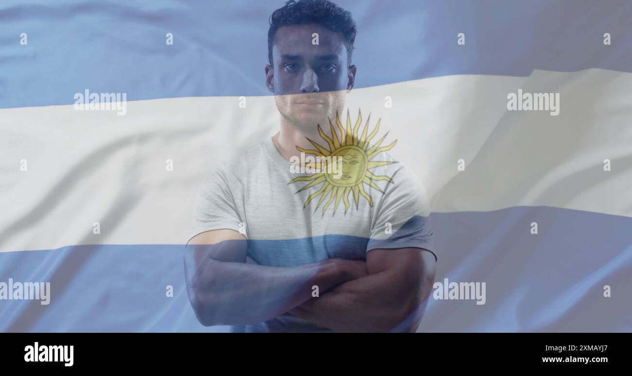 Bild der Flagge argentiniens über birassischem männlichem starken Mann Stockfoto