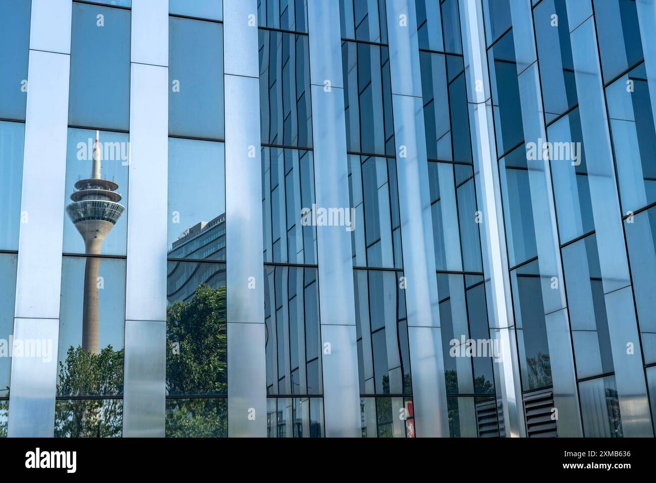 Der Rheinturm spiegelt sich in einer verglasten Fassade, RWI-Gebäude, Düsseldorf, Nordrhein-Westfalen Stockfoto