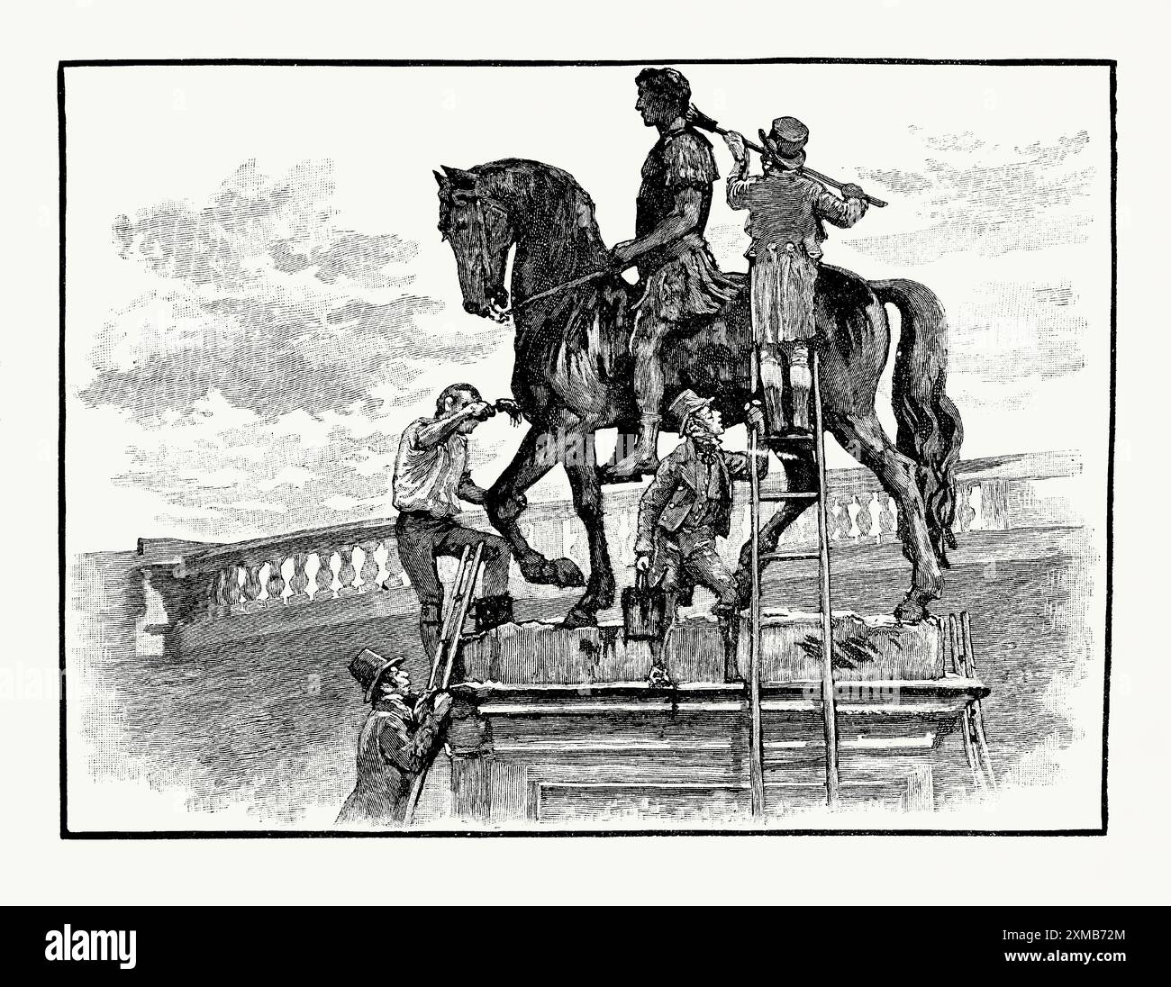 Eine alte Gravur der Statue von Wilhelm III., die von Demonstranten in Dublin, Irland, in den frühen 1800er Jahren schwarz bemalt wurde Es stammt aus einem viktorianischen Geschichtsbuch aus dem jahr 1900. Die Statue von Wilhelm III. Steht vor dem Trinity College in Dublin. In den 1790er Jahren nahm die Statue eine sektiererische Bedeutung an und in den 1800er Jahren wurden Angriffe auf die Statue vorgenommen 1805 bedeckten Anhänger der katholischen Emanzipation das Pferd mit einer Mischung aus Teer und Fett. 1928 wurde die Statue Wilhelms von der IRA in die Luft gesprengt. Stockfoto