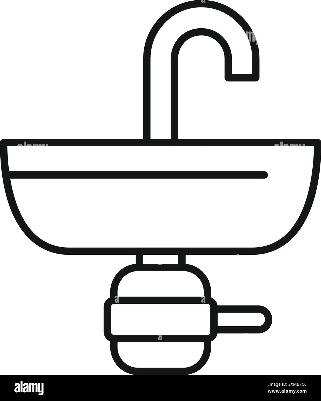 Line-Art-Symbol eines Waschbeckens im Bad mit Wasserhahn und Abflussrohr, die Armaturen und Sanitärsysteme im Bad darstellen Stock Vektor