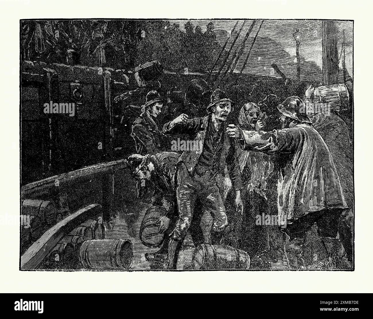 Eine alte Gravur eines Mobs, der 1841 in Garrykennedy, County Tipperary, Irland, an Bord eines Getreideschiffs ging. Es stammt aus einem viktorianischen Geschichtsbuch aus dem jahr 1900. Der Hafen von Garrykennedy war einst wichtig für den Transport von Gütern, insbesondere Schiefer aus nahegelegenen Minen. Der Angriff und die Plünderung des Schiffes waren ein Beweis für die sozialen Unruhen, die Armut und den politischen Umbruch, die Irland in dieser Zeit heimsuchten. Stockfoto