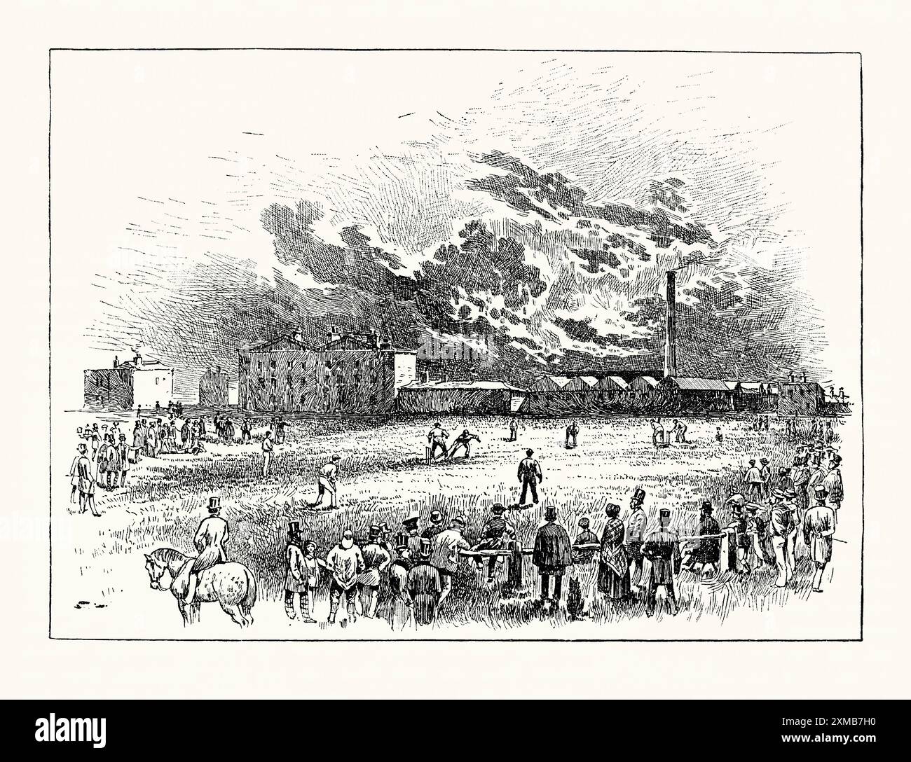 Eine alte Gravur eines Cricketspiels, das in den 1840er Jahren in Kennington Common, London, England, Großbritannien gespielt wurde Es stammt aus einem viktorianischen Geschichtsbuch aus dem jahr 1900. Kennington Common war ein Stück Gemeindegebiet, hauptsächlich im London Borough of Lambeth. Es war einer der frühesten Schauplätze für Cricket in London, wobei zwischen den frühen 1700er Jahren Spiele ausgetragen wurden Ein Spiel zwischen London und Sevenoaks am 12. Juli 1731 ist das erste Spiel, das in einem geschlossenen Gelände gespielt wurde. 1845 gründete der neu gegründete Surrey County Cricket Club das Oval auf einem Teil des alten Gemeindegartens, der ein Marktgarten war. Stockfoto