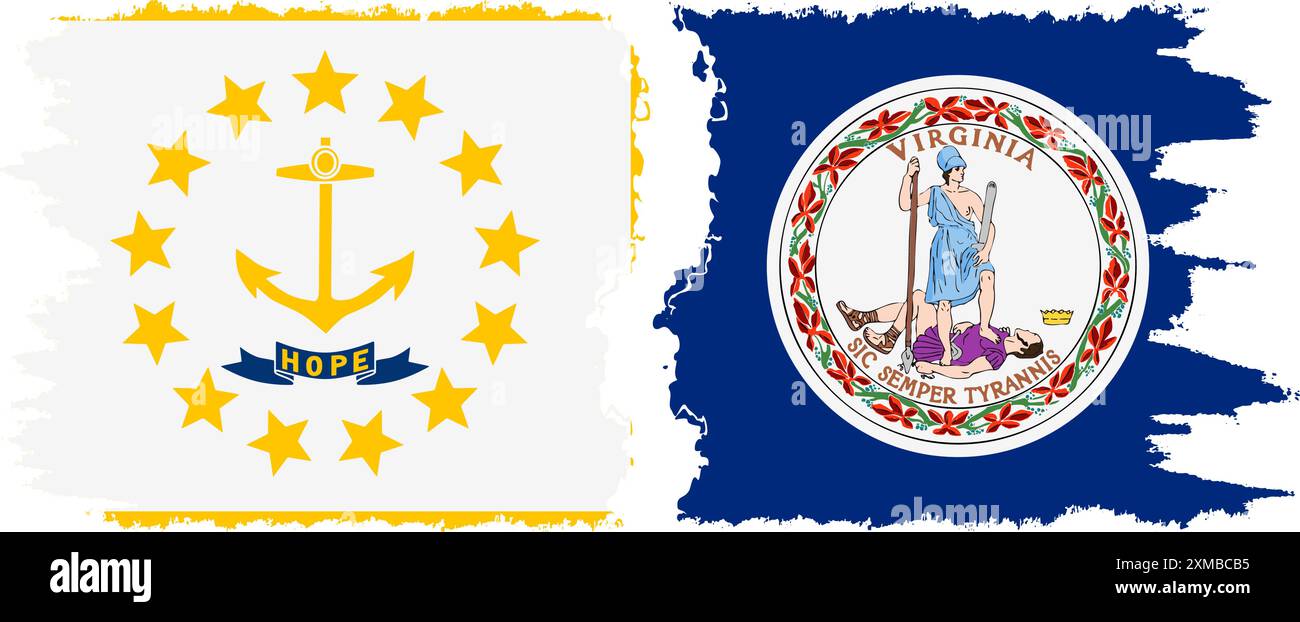 Virginia und Rhode Island staaten Grunge Pinsel Flags Verbindung, Vektor Stock Vektor