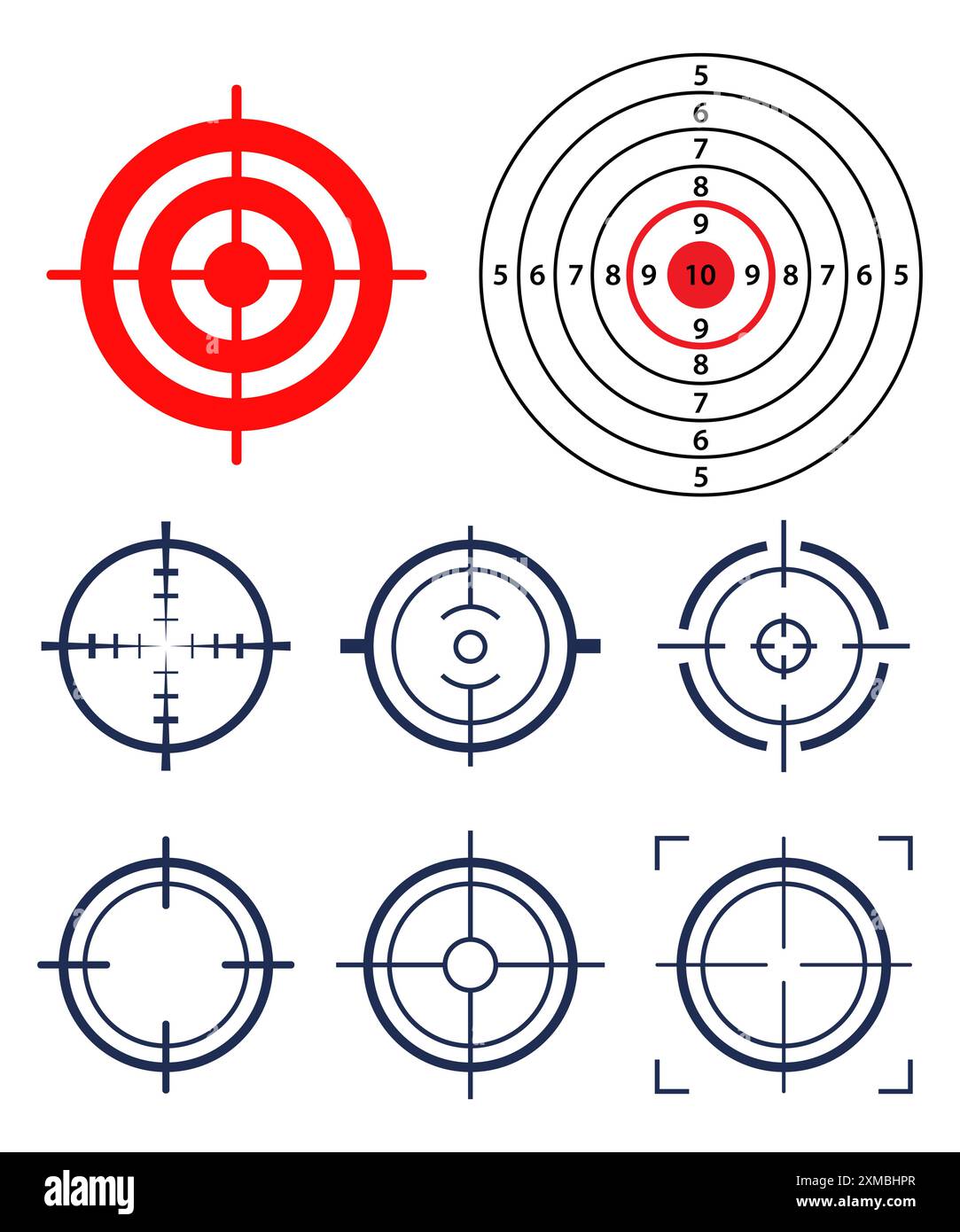 Zielsetzung und Zielsetzung, Zielsetzung und Zielsetzung. Ziel- oder Zielsymbol. Militärisches Gewehrfernrohr, Schusszeichen. Vektor Stock Vektor