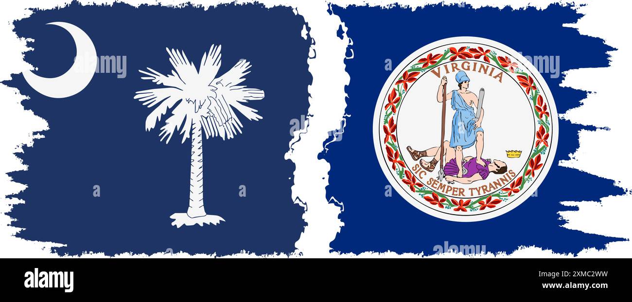 Virginia und South Carolina staaten Grunge Pinsel Flags Verbindung, Vektor Stock Vektor