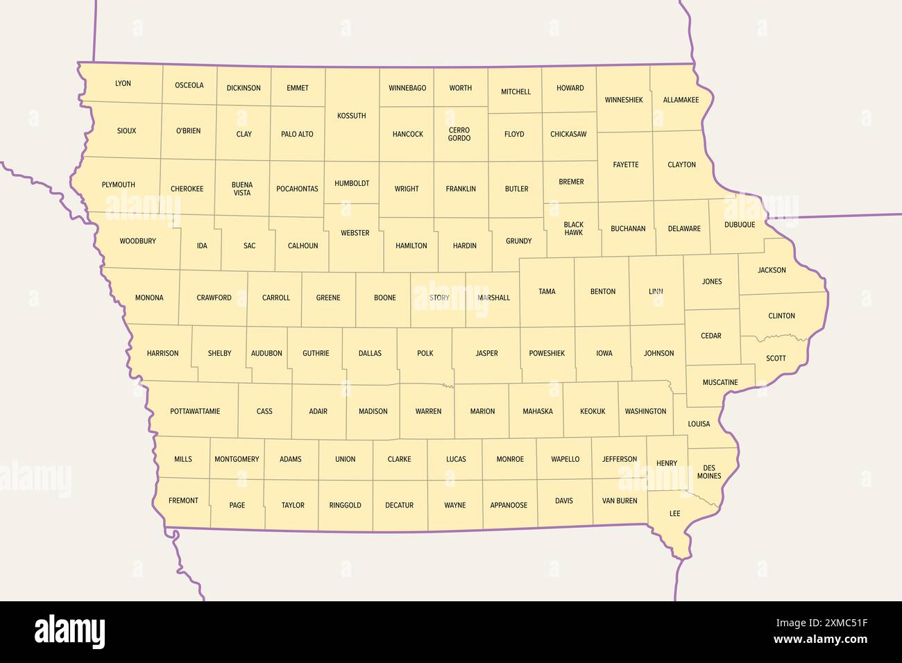 Iowa Countys, politische Karte mit Grenzen und Namen der Countys. Binnenstaat im Mittleren Westen der Vereinigten Staaten, unterteilt in 99 Countys. Stockfoto