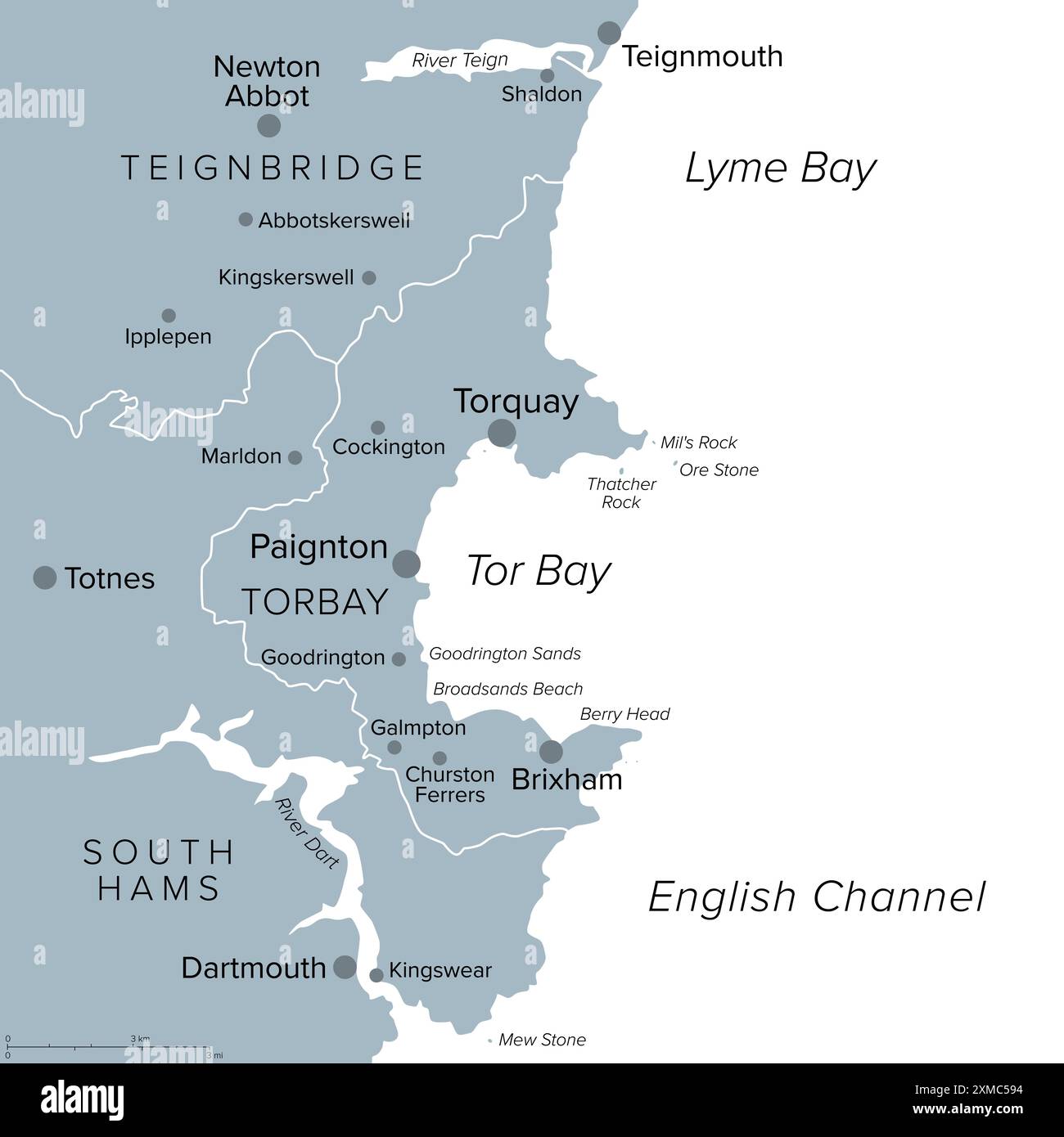 Englische Riviera in Torbay, England, graue politische Karte. Geopark und beliebtes Touristenziel rund um die Tor Bay am Ärmelkanal. Stockfoto