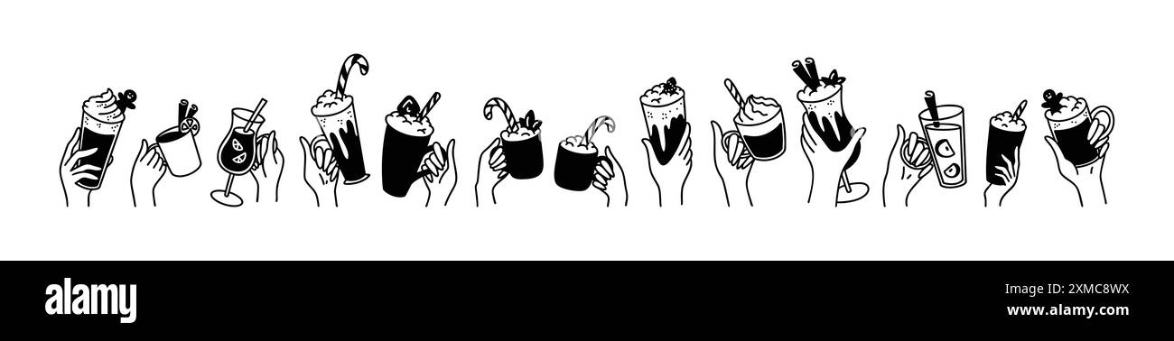 Hände hoch mit heißen Weihnachtsgetränken. Niedliches Set mit Doodle-Symbolen. Hintergrund der Feier. Kürbis-Gewürz-Latte, heißer Wein, warme Cocktails, Marshmallow-Schokolade Stock Vektor