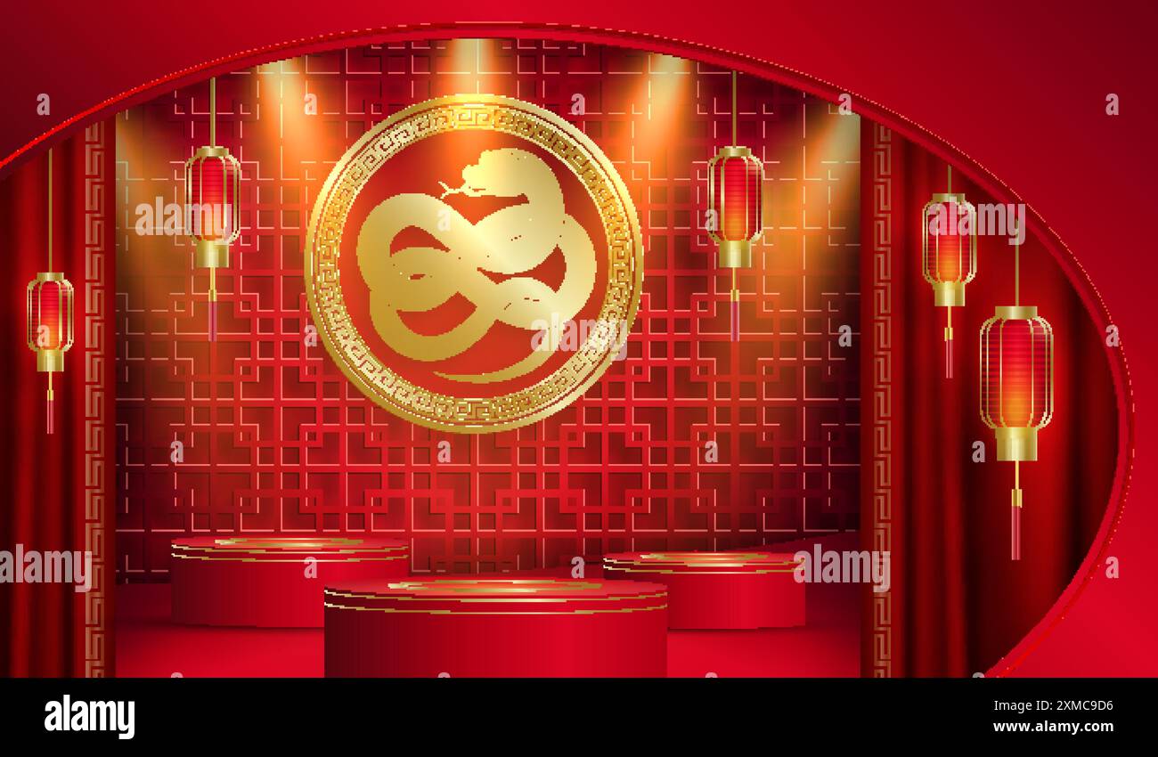 3D-Podium-Runde Bühne für glückliches chinesisches Neujahr 2024 Dragon Zodiac Zeichen, auf farbigem Hintergrund (Chinesisch Übersetzung: Glückliches neues Jahr 2024, Jahr des Drago Stock Vektor