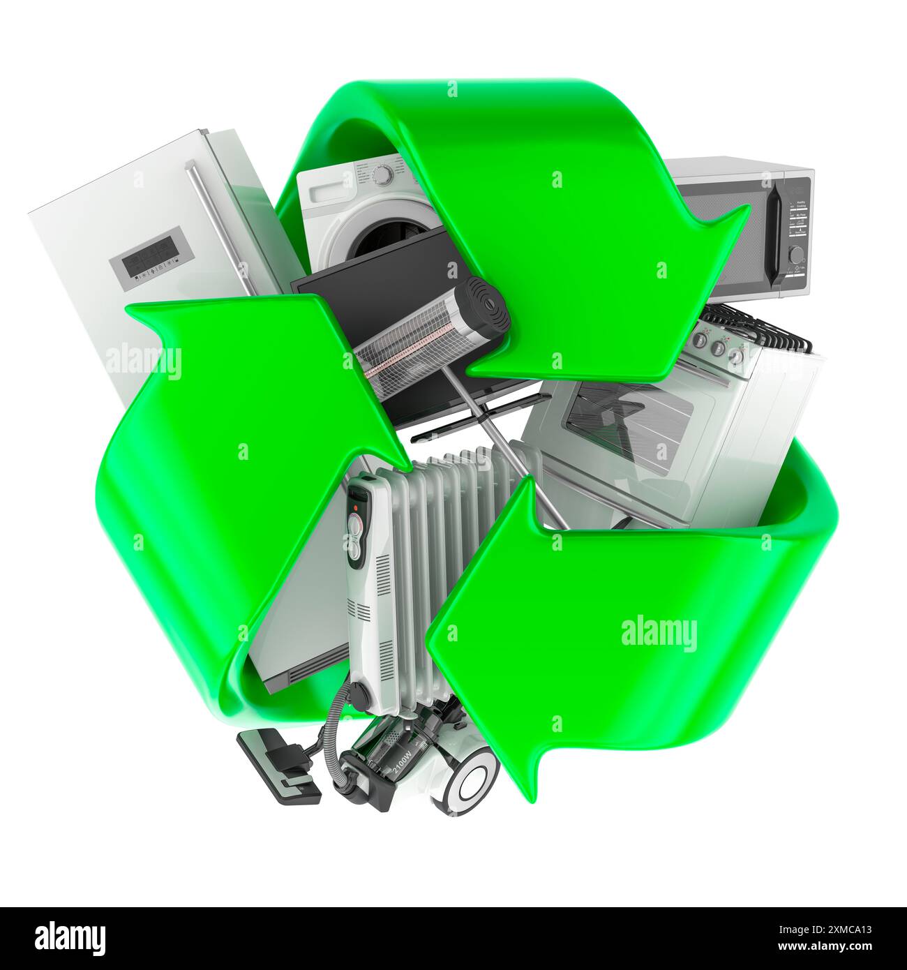Geräterecycling, Konzept. Haushalts- und Haushaltsgeräte mit Recycling-Symbol. 3D-Rendering isoliert auf weißem Hintergrund Stockfoto Geräterecycling, Konzept. Haushalts- und Haushaltsgeräte mit Recycling-Symbol. 3D-Rendering isoliert auf weißem Hintergrund Stockfoto