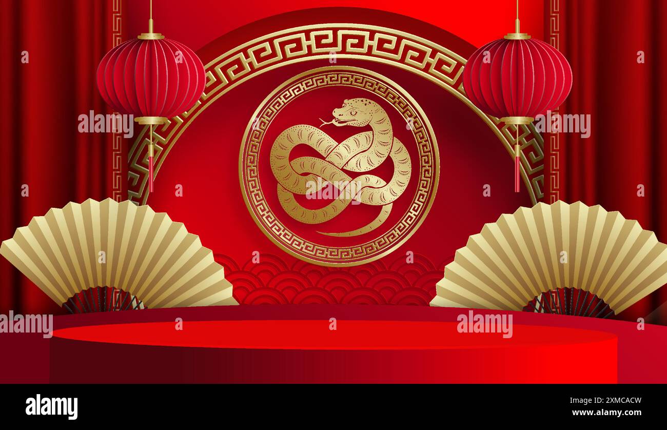 3D-Podium-Runde Bühne für glückliches chinesisches Neujahr 2024 Dragon Zodiac Zeichen, auf farbigem Hintergrund (Chinesisch Übersetzung: Glückliches neues Jahr 2024, Jahr des Drago Stock Vektor