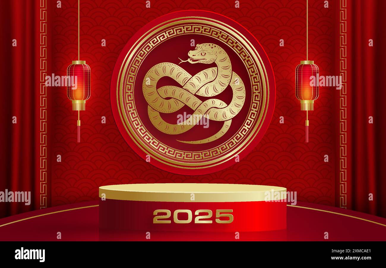 3D-Podium-Runde Bühne für glückliches chinesisches Neujahr 2024 Dragon Zodiac Zeichen, auf farbigem Hintergrund (Chinesisch Übersetzung: Glückliches neues Jahr 2024, Jahr des Drago Stock Vektor
