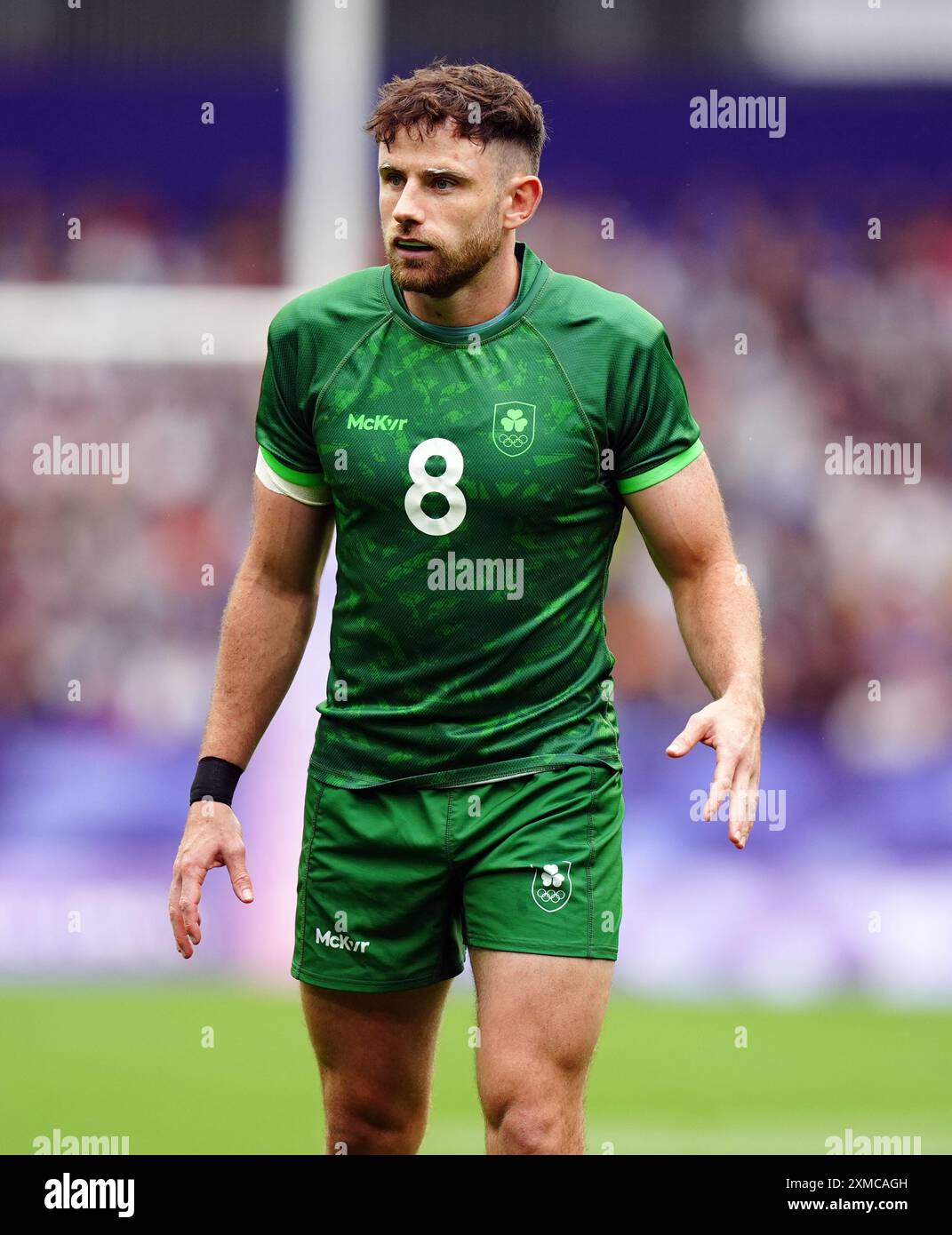 Der irische Hugo Keenan während des Rugby-Sivens-Spiels gegen die USA im Stade de France am ersten Tag der Olympischen Spiele 2024 in Frankreich. Bilddatum: Samstag, 27. Juli 2024. Stockfoto