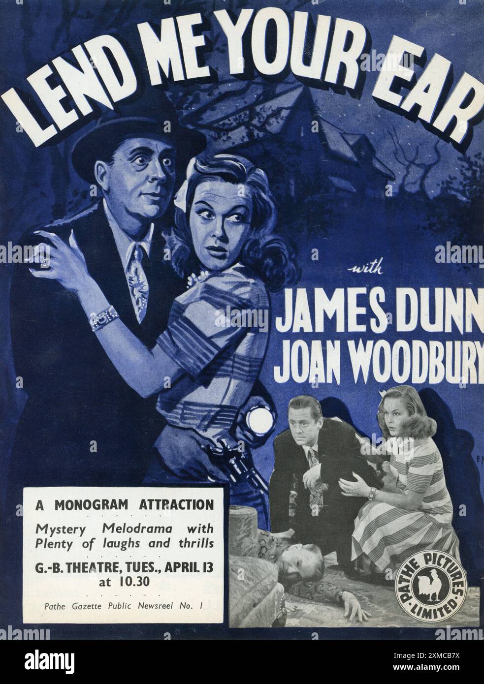 British Trade Ad für JAMES DUNN und JOAN WOODBURY in LEND ME YOUR EAR (UK) / THE LIVING GHOST (US) 1942 Regisseur WILLIAM BEAUDINE Originalgeschichte Howard Dimsdale Drehbuch Joseph Hoffman Monogram Pictures / Pathe Pictures Ltd. (In UK) Stockfoto