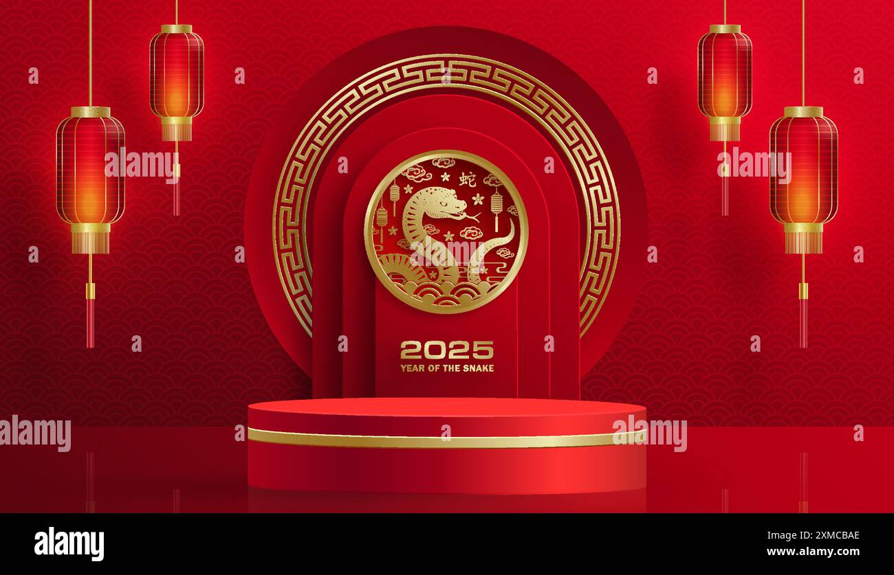 3D-Podium-Runde Bühne für glückliches chinesisches Neujahr 2024 Dragon Zodiac Zeichen, auf farbigem Hintergrund (Chinesisch Übersetzung: Glückliches neues Jahr 2024, Jahr des Drago Stock Vektor