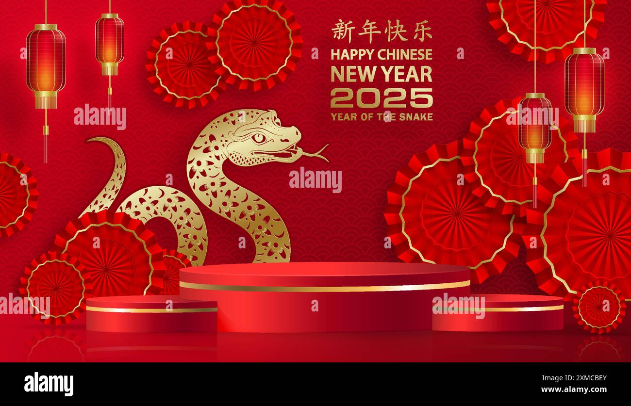 3D-Podium-Runde Bühne für glückliches chinesisches Neujahr 2024 Dragon Zodiac Zeichen, auf farbigem Hintergrund (Chinesisch Übersetzung: Glückliches neues Jahr 2024, Jahr des Drago Stock Vektor