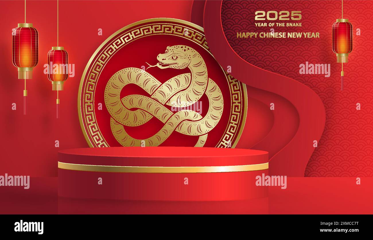 3D-Podium-Runde Bühne für glückliches chinesisches Neujahr 2024 Dragon Zodiac Zeichen, auf farbigem Hintergrund (Chinesisch Übersetzung: Glückliches neues Jahr 2024, Jahr des Drago Stock Vektor
