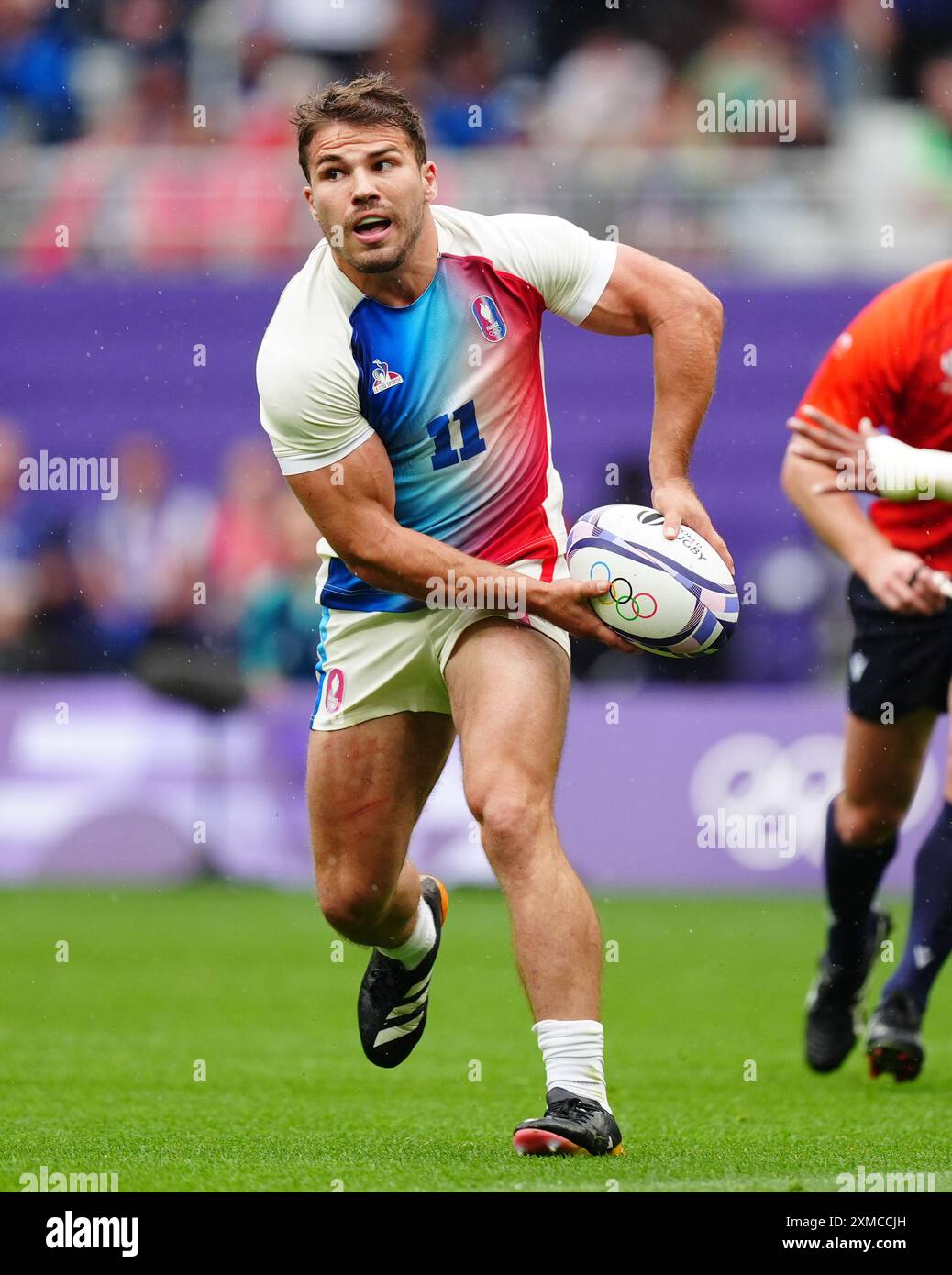 Frankreichs Antoine Dupont während des Rugby Sivens-Spiels gegen Südafrika im Stade de France am ersten Tag der Olympischen Spiele 2024 in Frankreich. Bilddatum: Samstag, 27. Juli 2024. Stockfoto