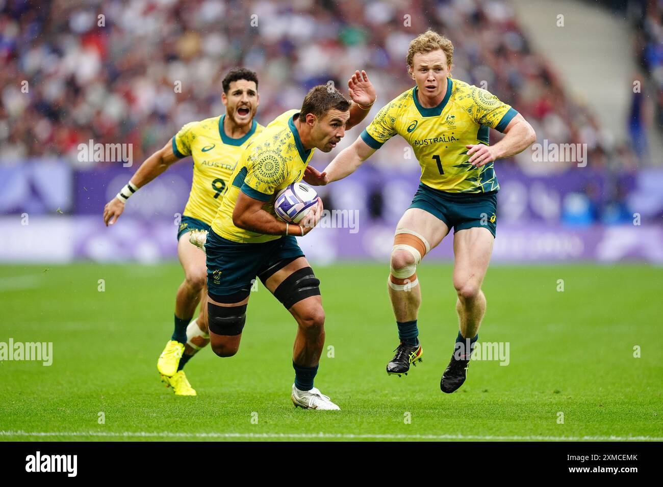 Australiens Nathan Lawson während des Rugby Sivens-Spiels gegen Fidschi im Stade de France am ersten Tag der Olympischen Spiele 2024 in Paris. Bilddatum: Samstag, 27. Juli 2024. Stockfoto
