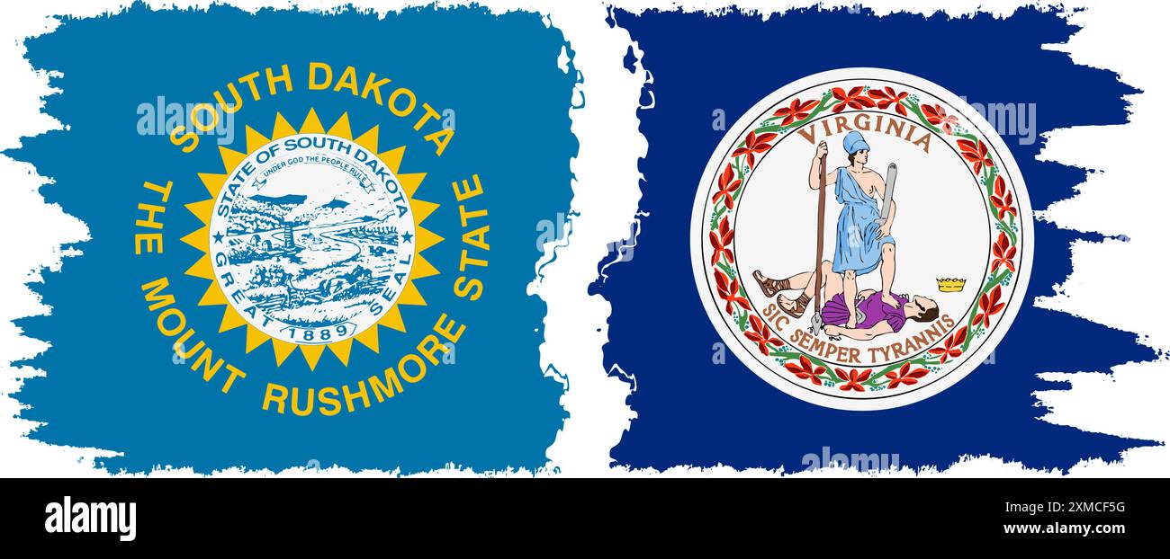 Virginia und South Dakota staaten Grunge Pinsel Flags Verbindung, Vektor Stock Vektor