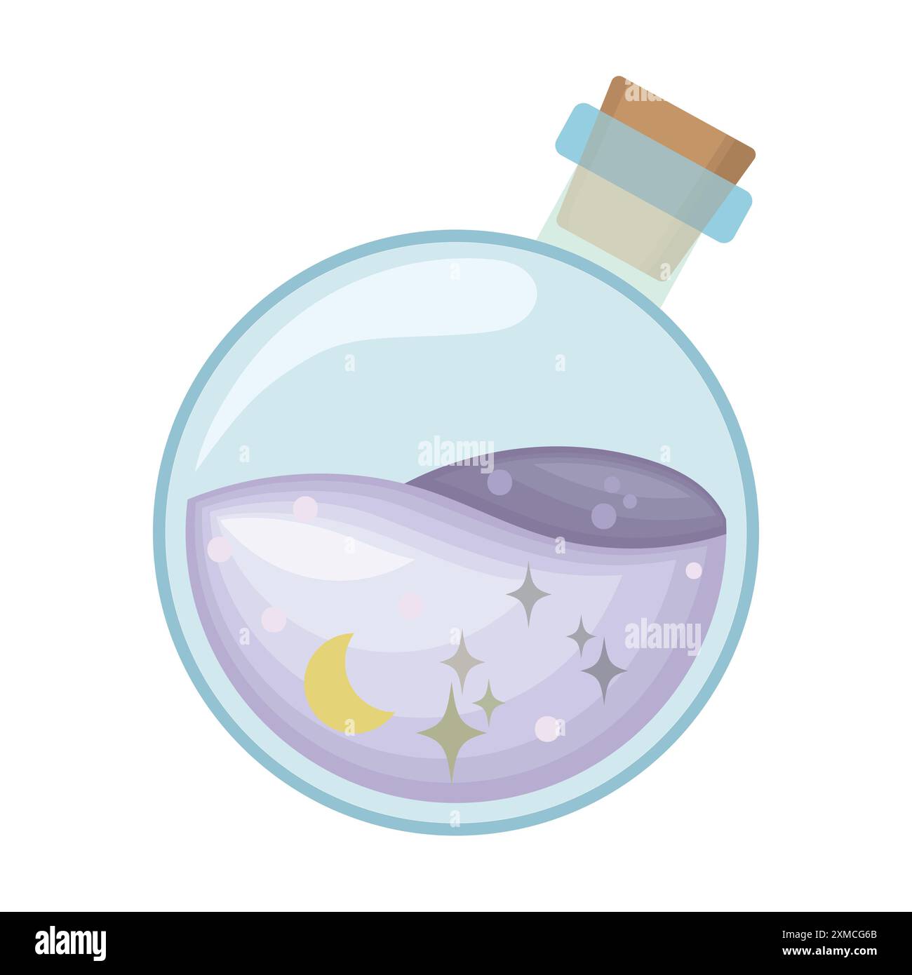 Eine runde Trinkflasche mit einem magischen Trank, der im Mondlicht glitzert. Stock Vektor