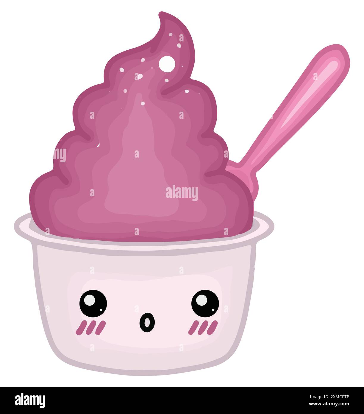 Lila weiches Eis in einer weißen Papiertasse mit einem rosafarbenen kleinen Löffel servieren Stock Vektor