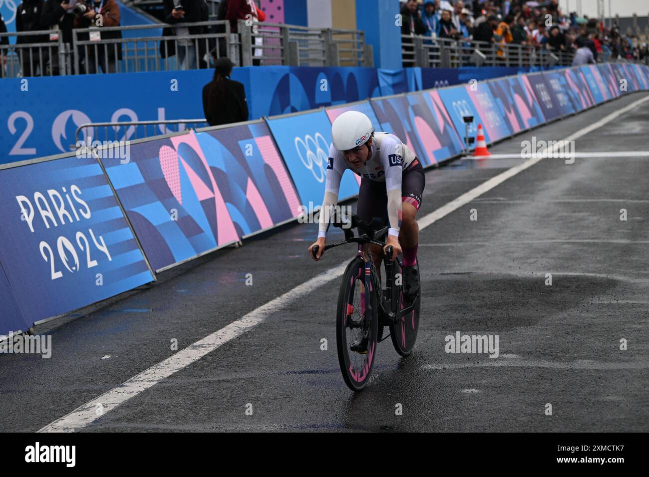 Paris, Frankreich. Juli 2024. Juli 2024; Olympische Spiele in Paris, Paris, Frankreich, Tag 2; Chloe Dygert aus den USA wird Dritter für Bronzemedaille im Zeitfahren der Frauen. Credit: Action Plus Sports Images/Alamy Live News Stockfoto