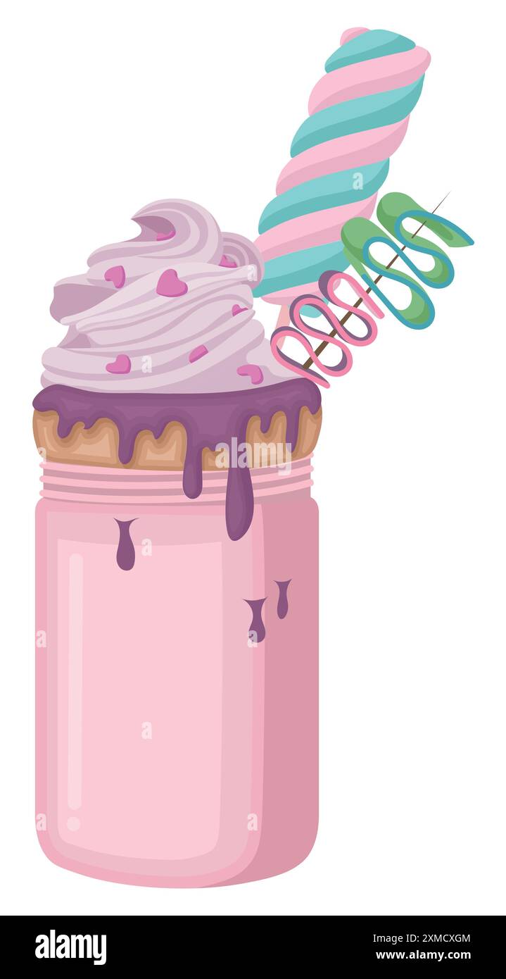 Monster Shake mit Donut, Schlagsahne, Herzstreuseln, Tornado-Marshmallows und Roll-Gelee, mit lila Sirup, der über eine Flasche Rosa fließt Stock Vektor