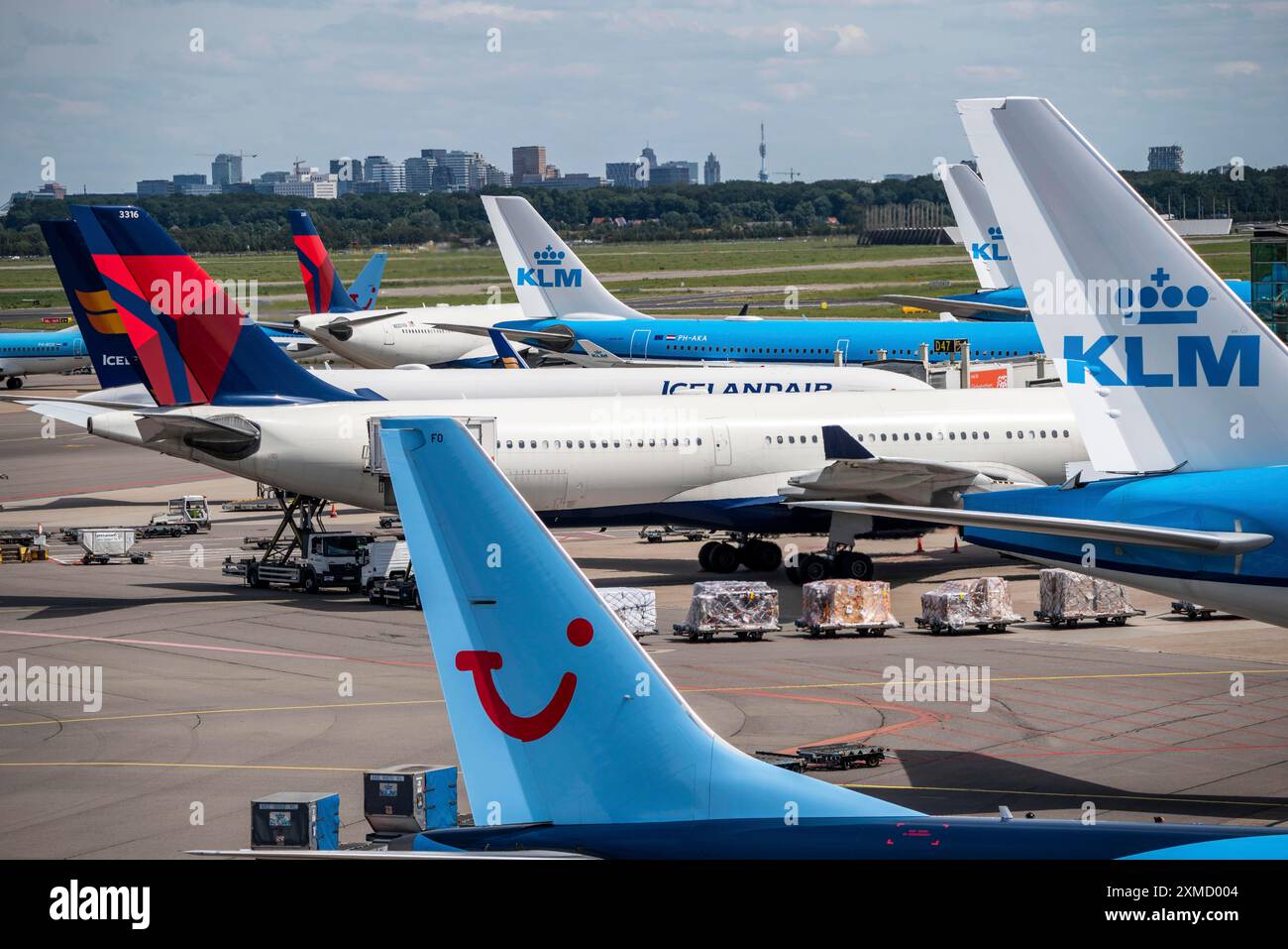Flughafen Amsterdam Schiphol, Flugzeug am Terminal, Gates D, Check-in, Vorfeld, Skyline des Amsterdamer Stadtzentrums, Niederlande Stockfoto