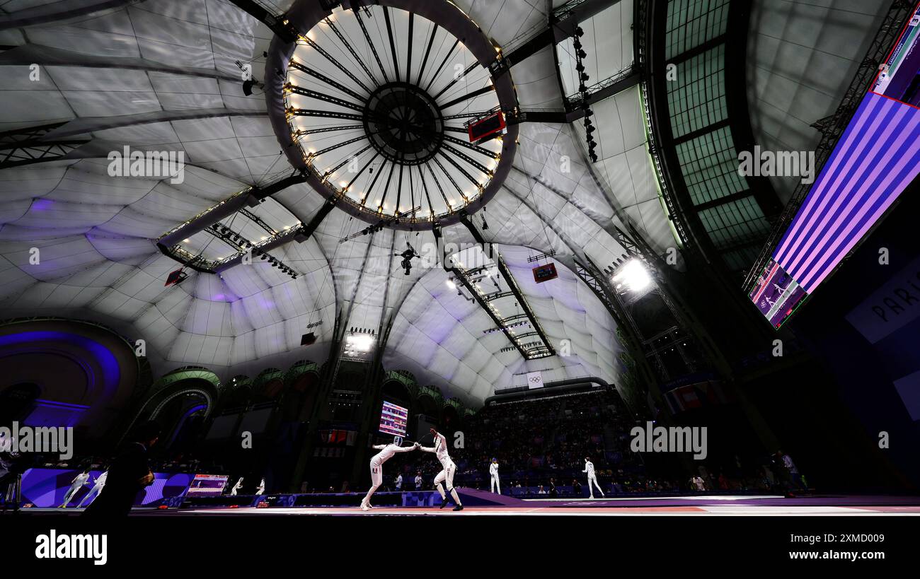 Paris, Frankreich. Juli 2024. Die Athleten werden am 27. Juli bei den Olympischen Spielen 2024 in Paris, Frankreich, beim Women's Epee Individual Table of 32 gesehen 2024. Quelle: Fei Maohua/Xinhua/Alamy Live News Stockfoto