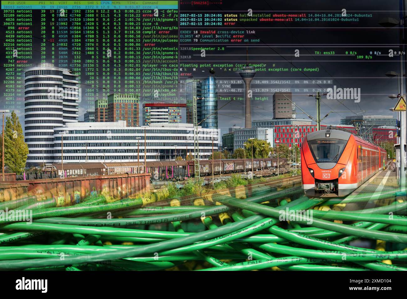Symbolisches Bild der kritischen Infrastruktur, der Skyline von Düsseldorf, des Medienhafens, des Datenkabels, des Hackercodes Stockfoto