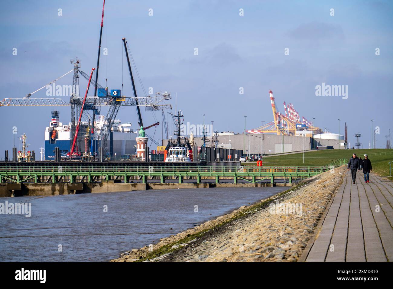 Autotransporterschiff, GOLIATH-FÜHRER, am Frachtterminal Columbuskaje, Hafenkrane, historischer Pingelturm, Weserdeich, im Seehafen von Stockfoto