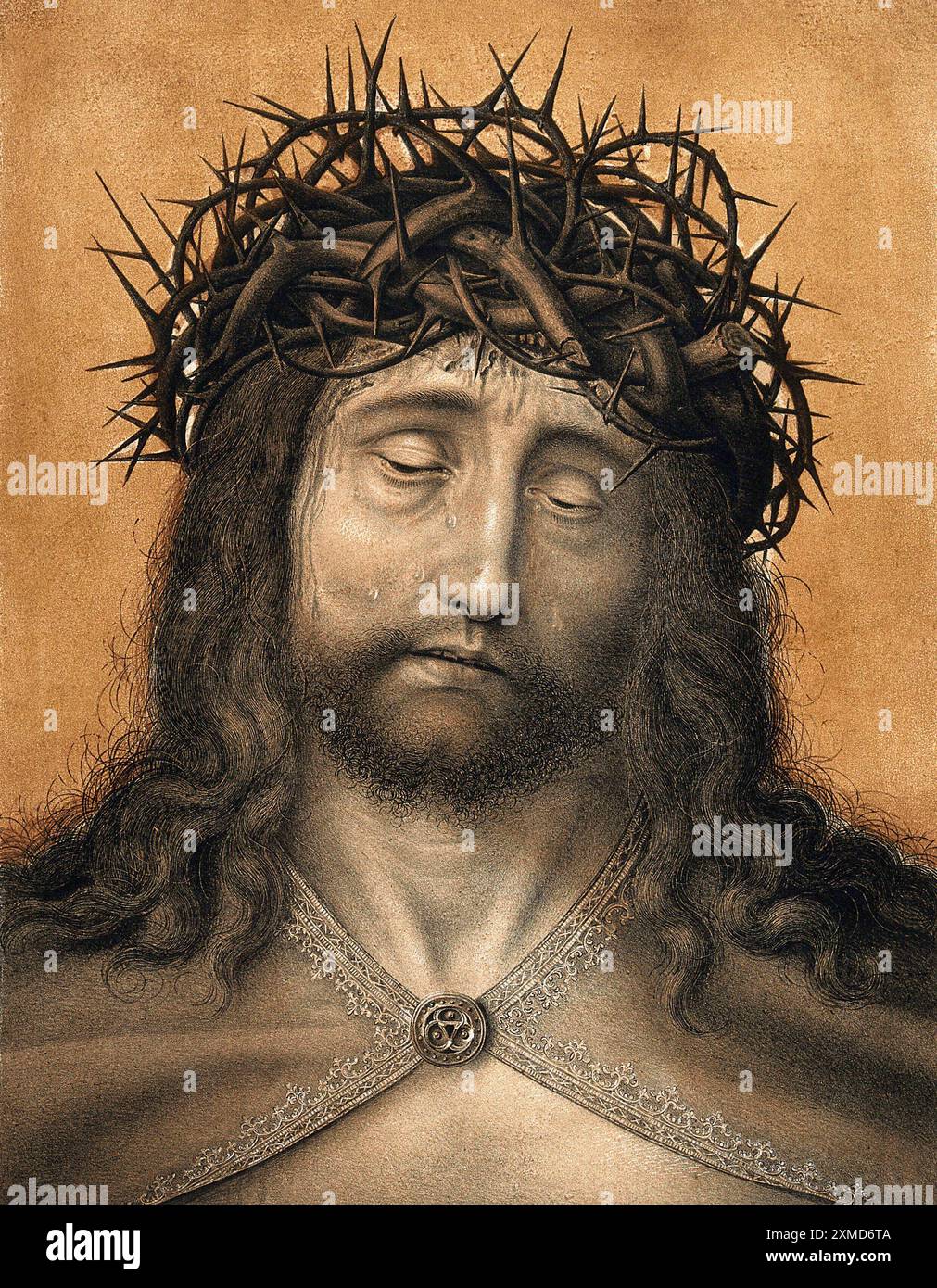 Diese auffällige Farblithografie zeigt Christus als den Mann des Leidens und fängt seine tiefe Trauer und sein Leiden ein. Die mit einer Dornenkrone dargestellte Figur spiegelt tiefe emotionale Resonanz und spirituelle Bedeutung wider. Das von N.J. Strixner im Jahr 1818 entworfene Kunstwerk basiert auf dem Originalwerk des berühmten Künstlers Quentin Matsys, dessen Stil das düstere Thema der Darstellung Christi unterstreicht. Stockfoto