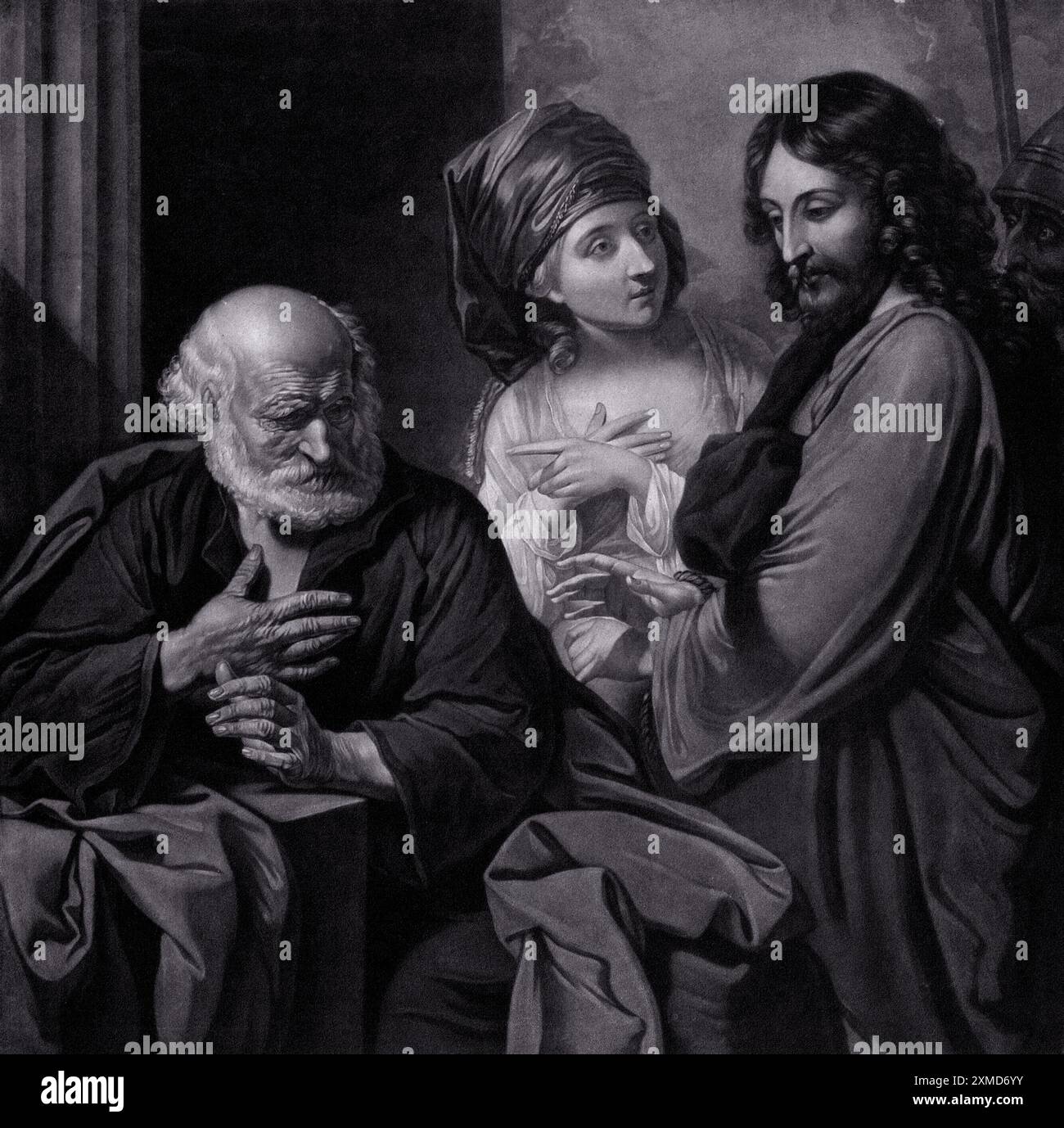 Dieser Mezzotint zeigt die Verleugnung Christi durch den Heiligen Petrus und fängt tiefe Emotionen ein. Peter, mit einem verstörten Ausdruck und gefesselten Händen, zeigt Bedauern. Christus steht in der Nähe und interagiert mit Peter, während eine Frau beobachtet, was die Spannung erhöht. Es basiert auf einem Gemälde von Benjamin West aus dem Jahr 1798, das diesen bedeutenden biblischen Moment durch eindrucksvolle Bilder hervorhebt Stockfoto