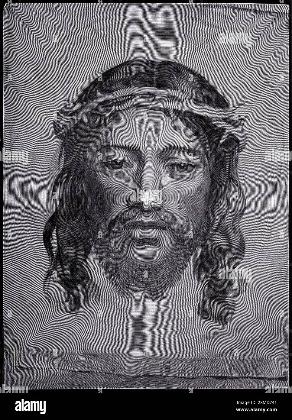 Dieser Stich, der 1649 von Claude Mellan gefertigt wurde, zeigt die Veronica sudarium, eine ikonische Darstellung des Gesichts Christi. Das Kunstwerk fängt die komplizierten Details des Gesichts Christi ein, gekennzeichnet durch seine Dornenkrone und tief ausdrucksstarke Merkmale. Die Gravur zeigt Mellans unverwechselbare Technik und demonstriert seine Fähigkeit, religiöse Themen durch feine Linien und Texturen zu repräsentieren, was sowohl Ehrfurcht als auch Kunstfertigkeit widerspiegelt. Stockfoto
