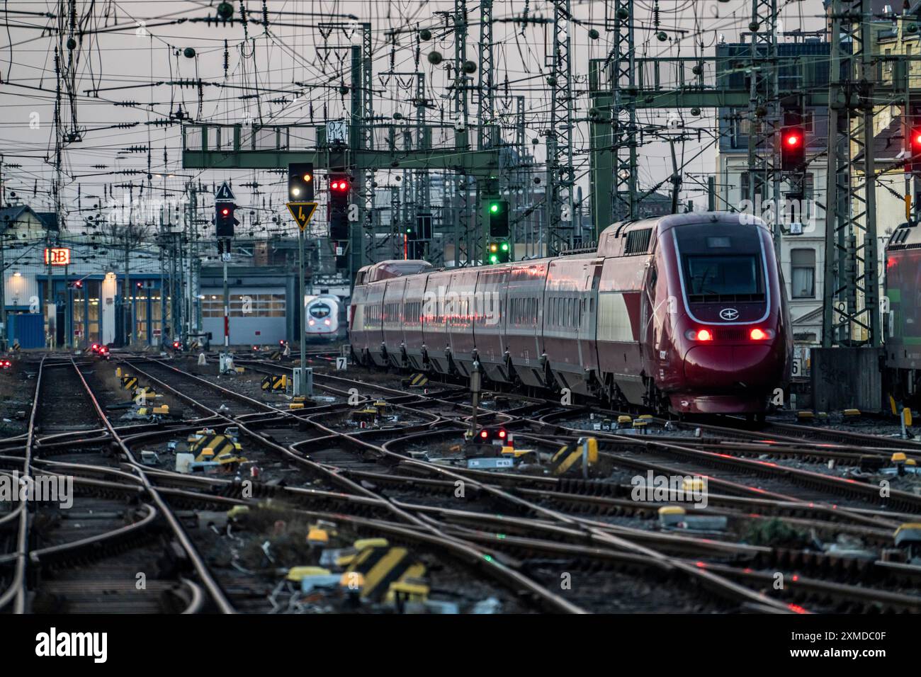 Eurostar-Zug auf dem Weg nach Brüssel, Köln Hauptbahnhof, Gleise auf der Westseite, Freileitungen, Signale, Punkte, Bahnlinien, Köln, Nord Stockfoto