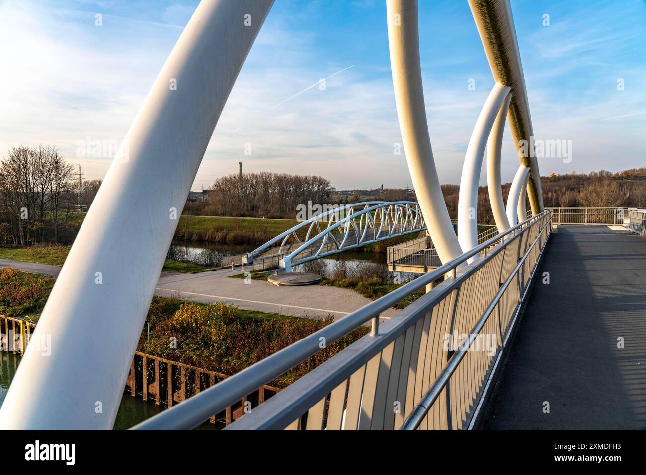 Brücke über den Datteln-Hamm-Kanal und die Lippe, für Fußgänger und Radfahrer, Radbod-Spuckspitze, Spuckschild, Hamm, Nordrhein-Westfalen Stockfoto