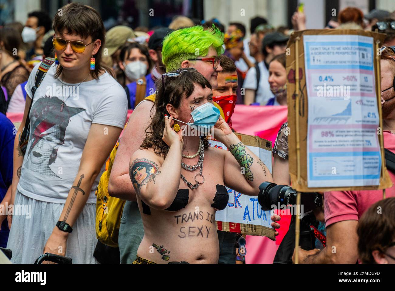 London, Großbritannien. Juli 2024. Trans-Stolz-marsch in London - "keiner von uns ist frei, bis wir alle frei sind", protestiert der Satz dieses Jahres. Sie beginnt am Langham Place in der Nähe des Oxford Circus und endet am Wellington Arch (Hyde Park Corner). Der marsch steht vor dem Hintergrund einer "wachsenden Anti-Trans-Feindseligkeit", der Ermordung der Trans-Teenagerin Brianna Ghey, eines Aufschwungs in der öffentlichen "Debatte" über das Leben von Transgender-Individuen, die Fortsetzung der Reihe zwischen J.K. Rowling und einigen der Stars der Harry Potter-Filme und die Ergebnisse des Cass-Berichts. Guy Bell/Alamy Live News Stockfoto