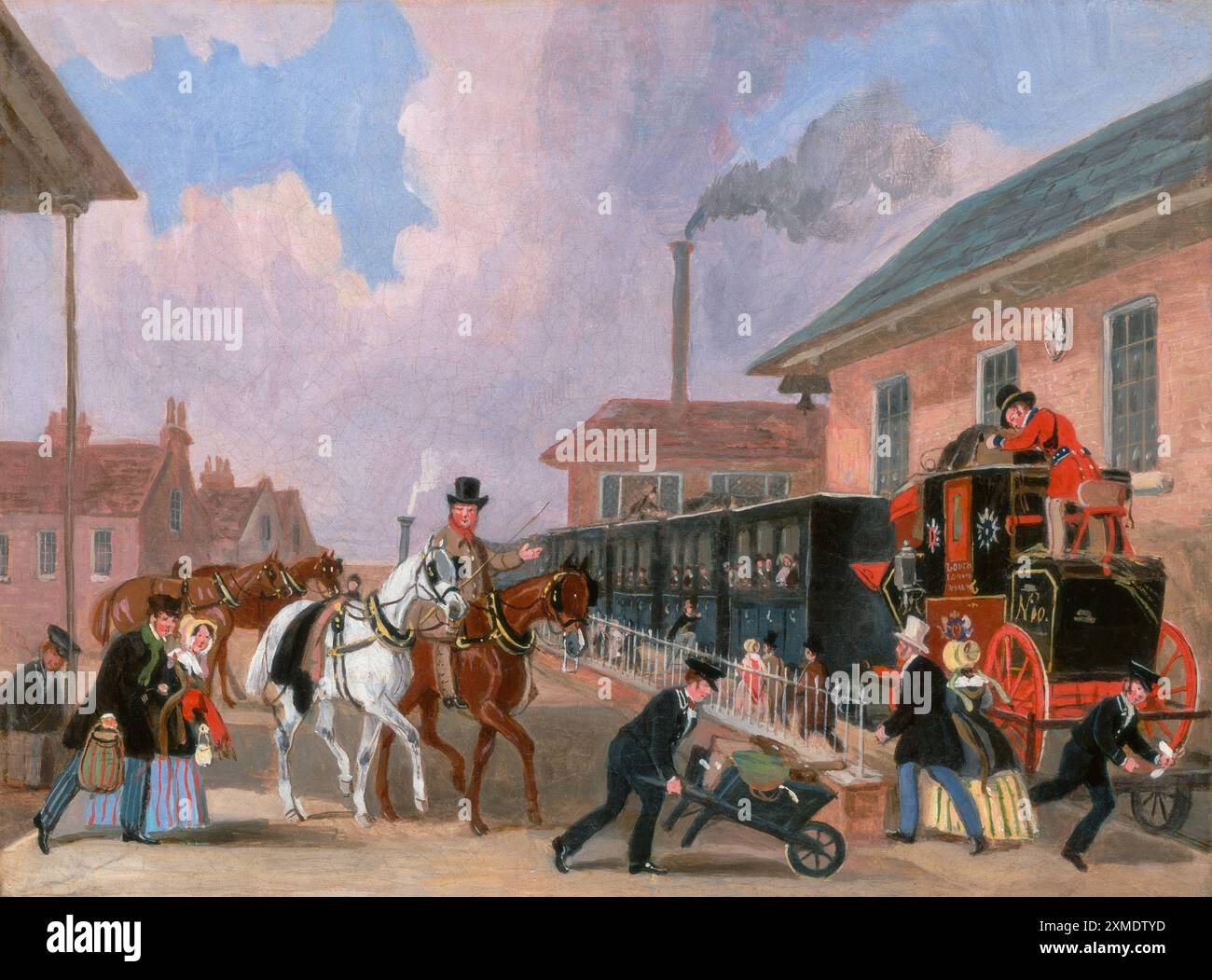 Gemälde des Louth nach London Royal Mail Zug von dem Maler James Pollard Öl auf Leinwand retuschiert Kunst Kunstwerk Meisterwerk historisches Bild Victorian Train Travel Stockfoto