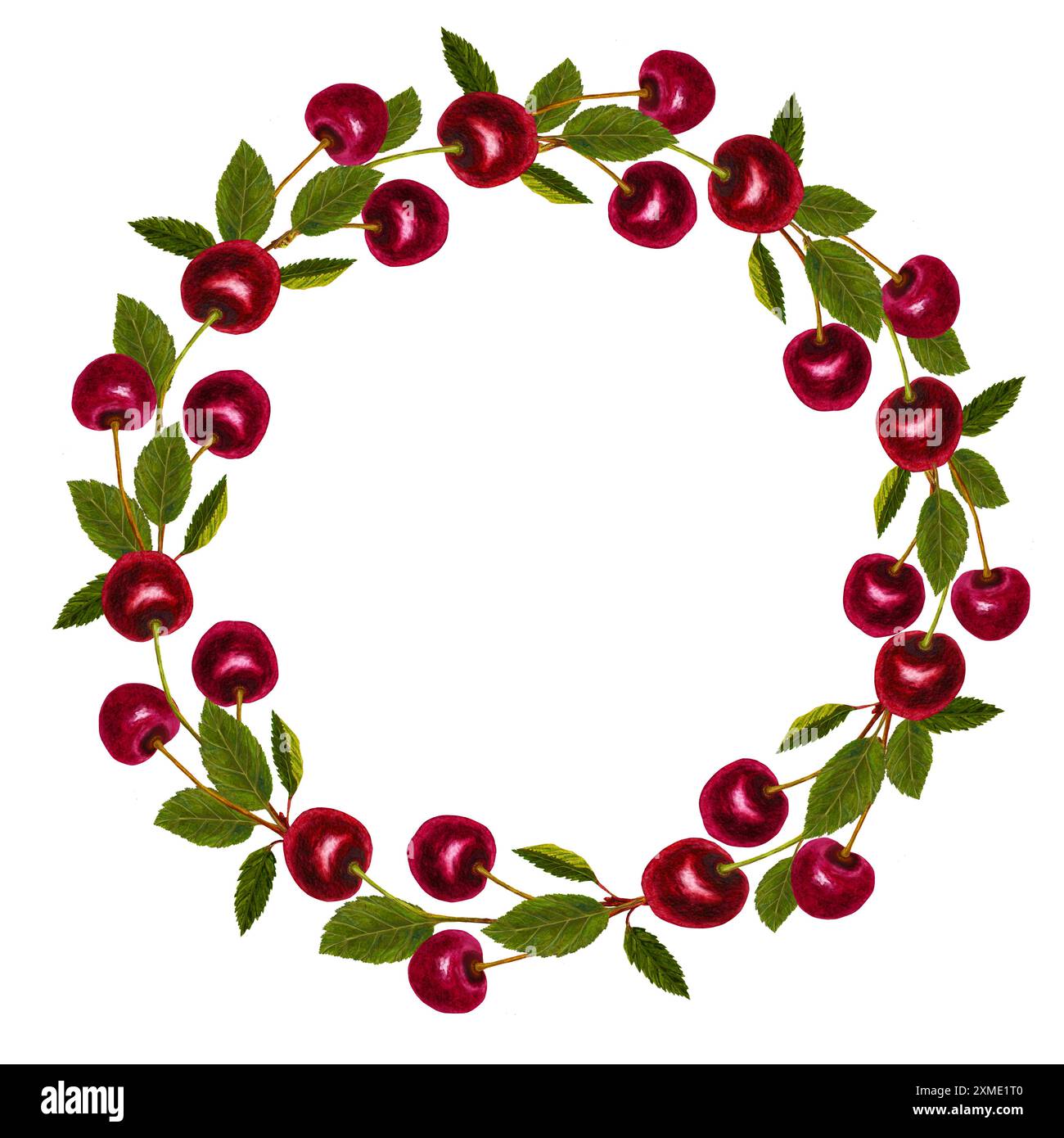 Kirschfrucht-Aquarellrahmen mit zentralem weißem Textraum, isoliert auf weißem Hintergrund Stockfoto