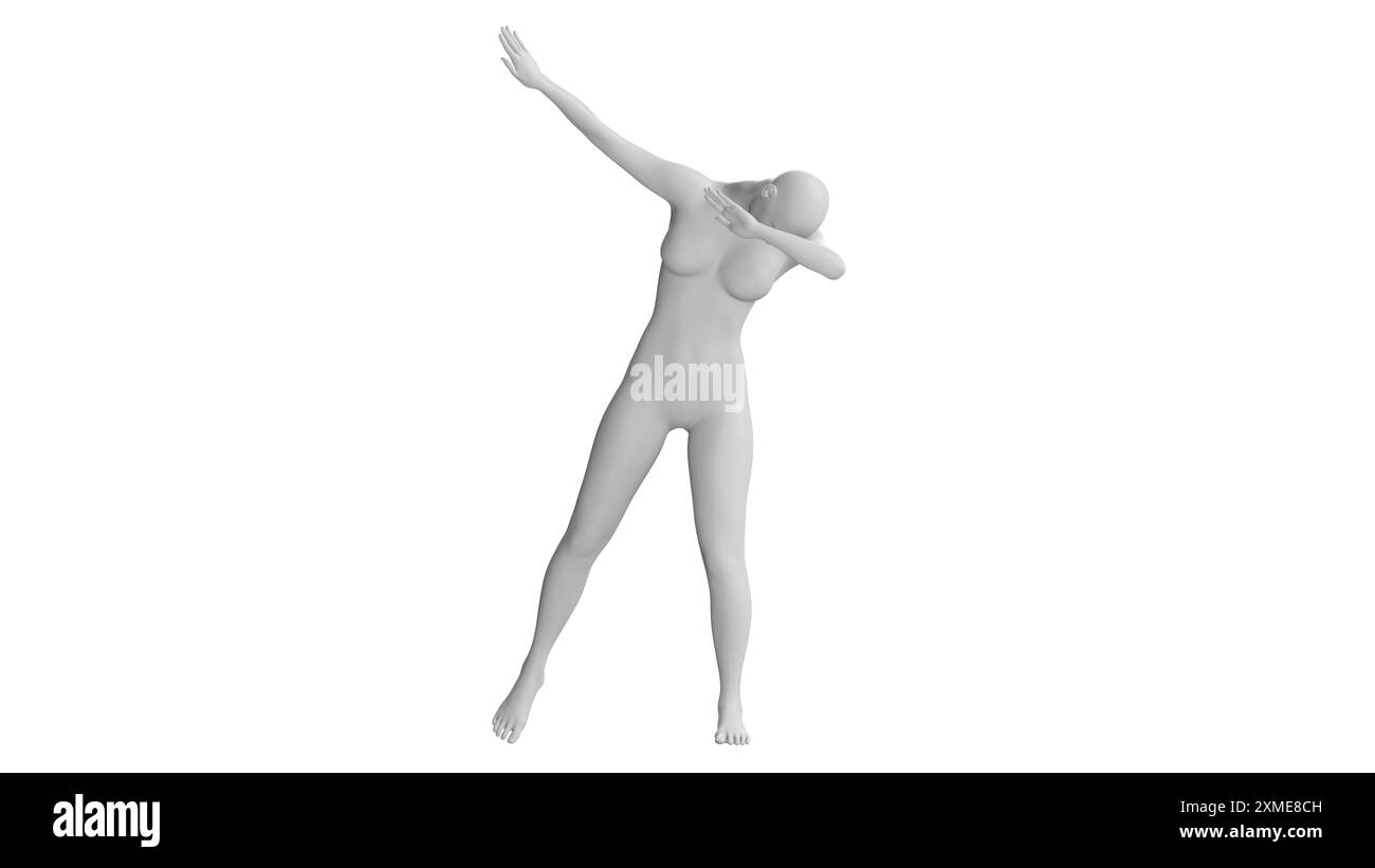 Weibliches Mannequin in Dabbing-Pose isoliert auf weißem Hintergrund. Vorderansicht Stockfoto