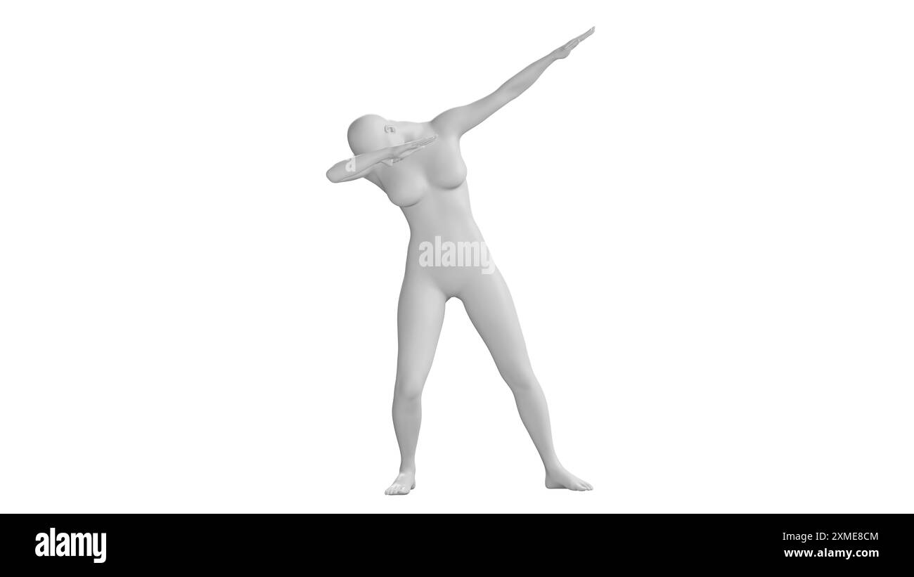 Weibliches Mannequin in Dabbing-Pose isoliert auf weißem Hintergrund. Vorderansicht Stockfoto