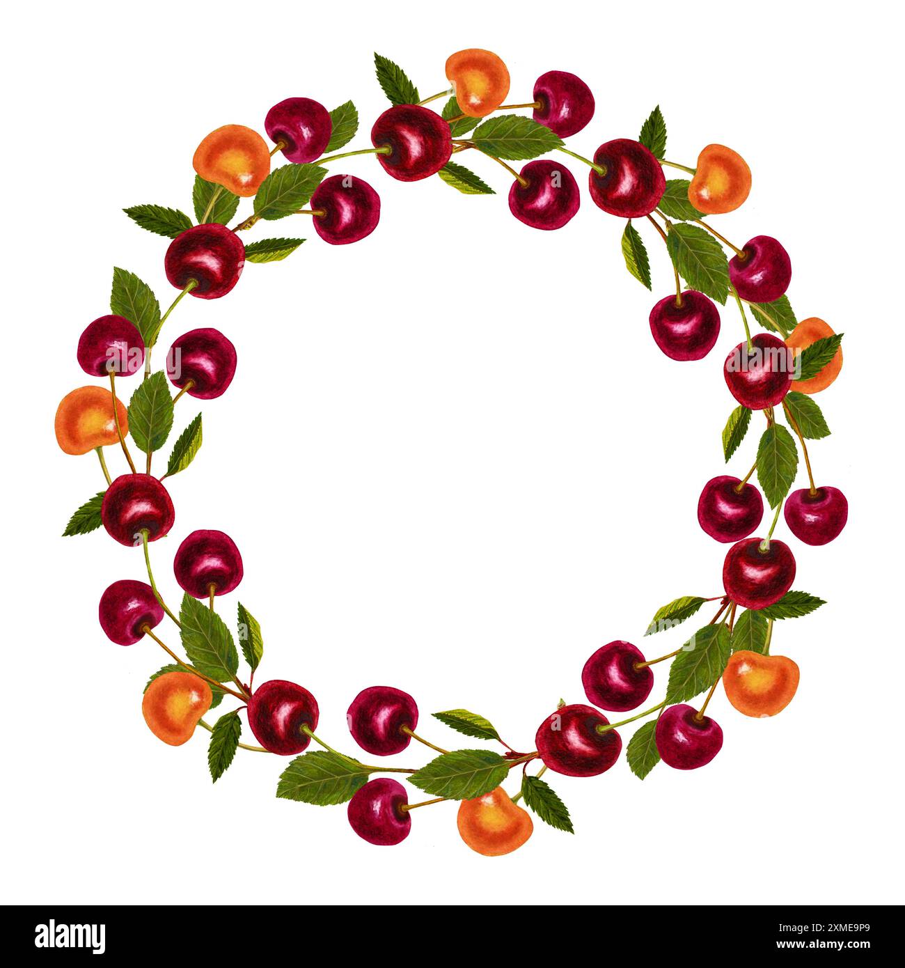 Kirschfrucht-Aquarellrahmen mit zentralem weißem Textraum, isoliert auf weißem Hintergrund Stockfoto
