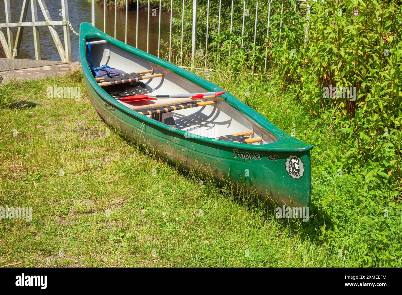 Grünes Kanu auf einer Wiese, Deutschland Stockfoto