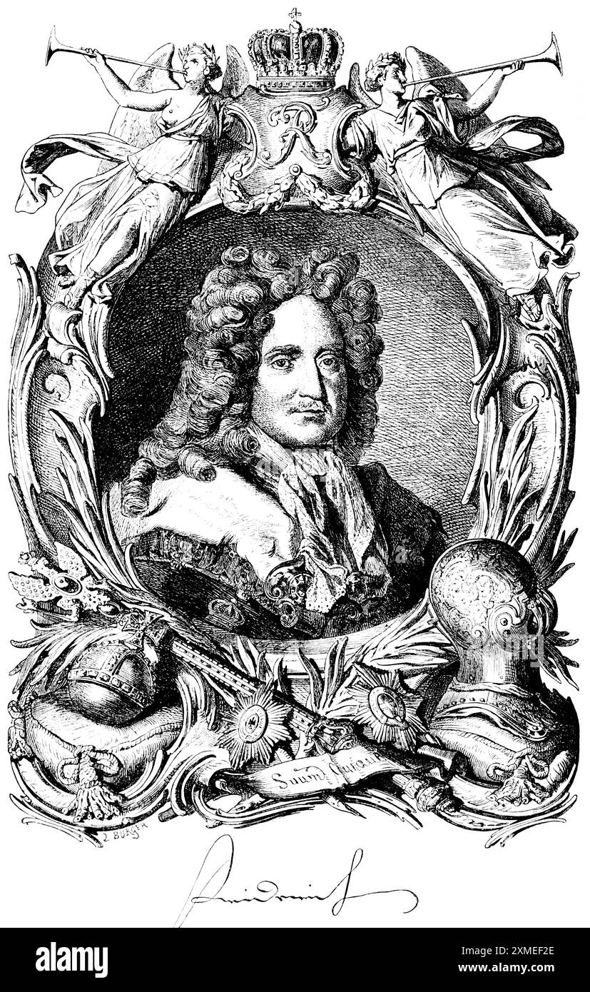 Porträt Friedrichs I., als Friedrich III. Kurfürst von Brandenburg und Herzog von Preußen, seit 1701 als Friedrich I. König von Preußen, Ornamentik, königlich Stockfoto