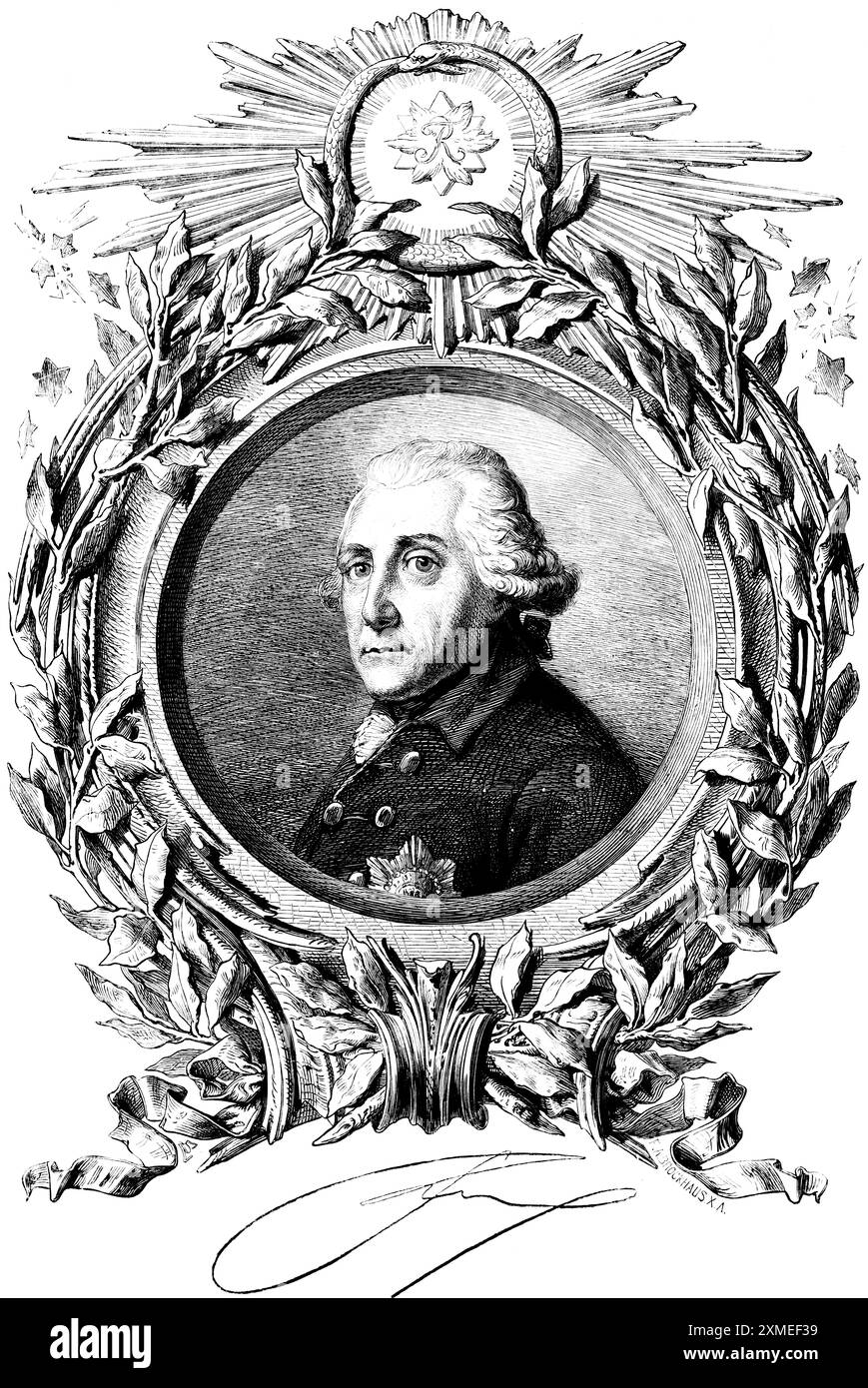 Porträt von Friedrich II. Oder Friedrich dem Großen, König von Preußen, dem Alten Fritz, Kurfürst des Heiligen Römischen Reiches, Ornamentik, Rahmen, Unterschrift Stockfoto