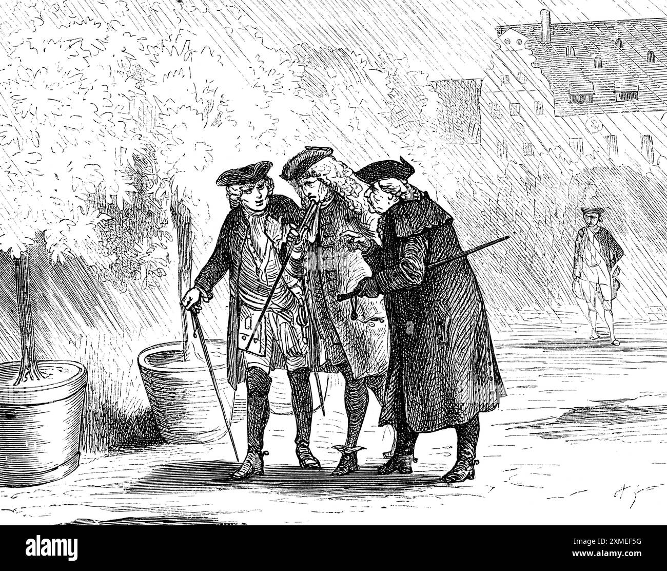 Die Königslieblinge, General von Grumbkow (links), Gundling und österreichischer Gesandter Graf Seckendorf (rechts) im Gespräch, preußische Geschichte Stockfoto