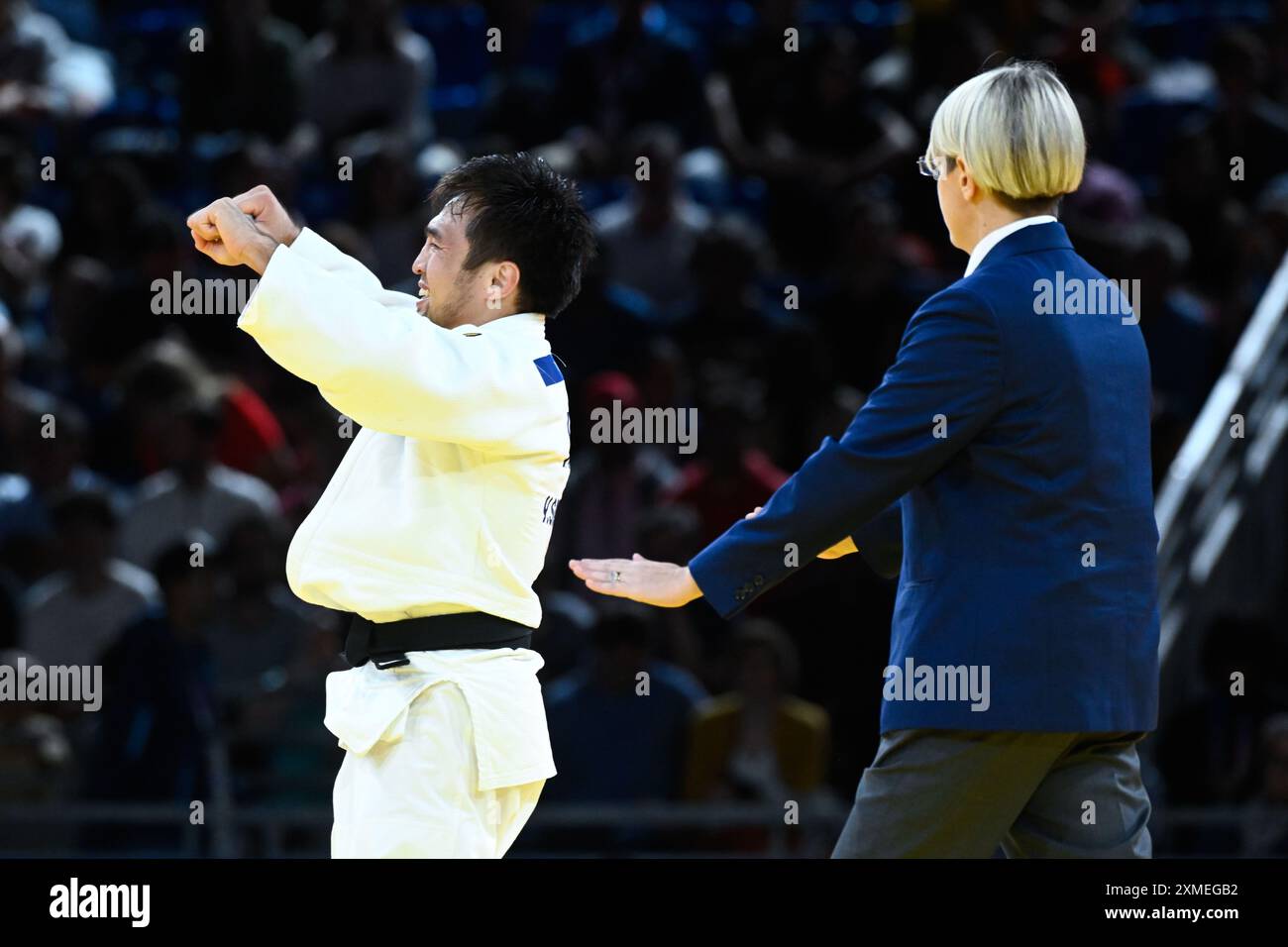 Paris, Frankreich. Juli 2024. Yeldos Smetov ( KAZ ) feiert den Sieg gegen Luka Mkheidze ( FRA ), Judo, Männer -60 kg Finale während der Olympischen Spiele Paris 2024 am 27. Juli 2024 in der Arena Champ de Mars in Paris, Frankreich - Foto Federico Pestellini/Panoramic/DPPI Media Credit: DPPI Media/Alamy Live News Stockfoto