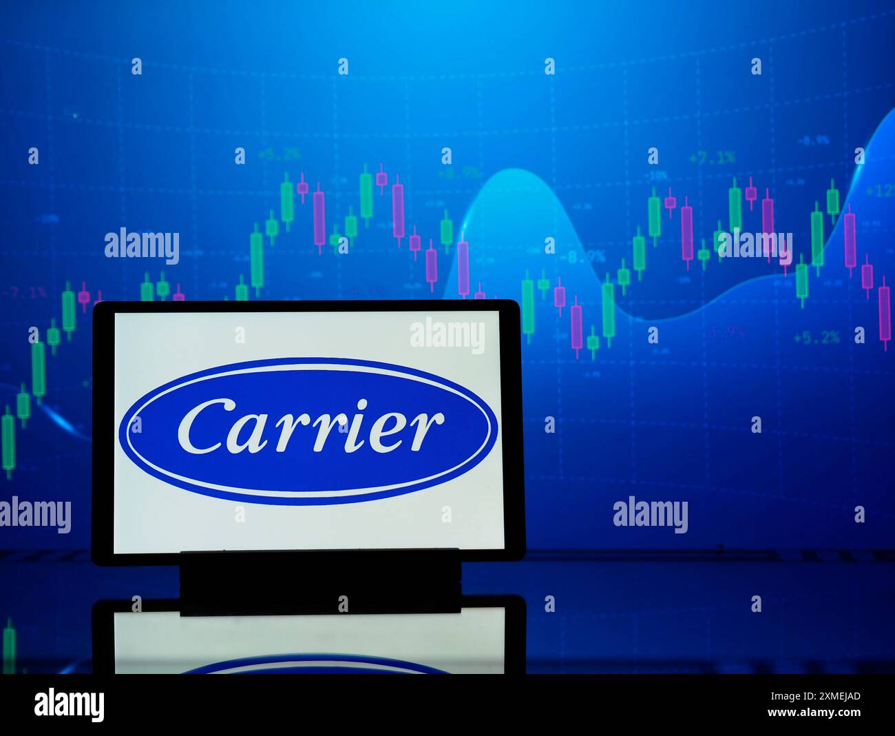 In dieser Abbildung ist das Logo der Carrier Global Corporation auf einem Tablet zu sehen. Stockfoto